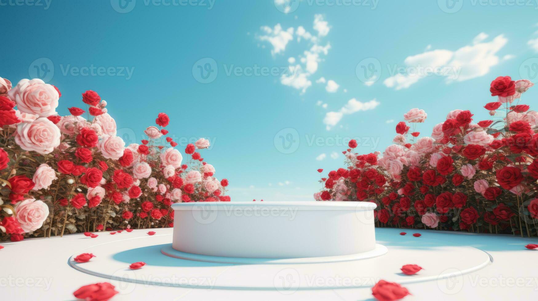 ai genererad tömma vit runda podium på röd lutning ro trädgård och sommar blå himmel bakgrund för kosmetisk produkt presentation, hjärtans dag begrepp foto