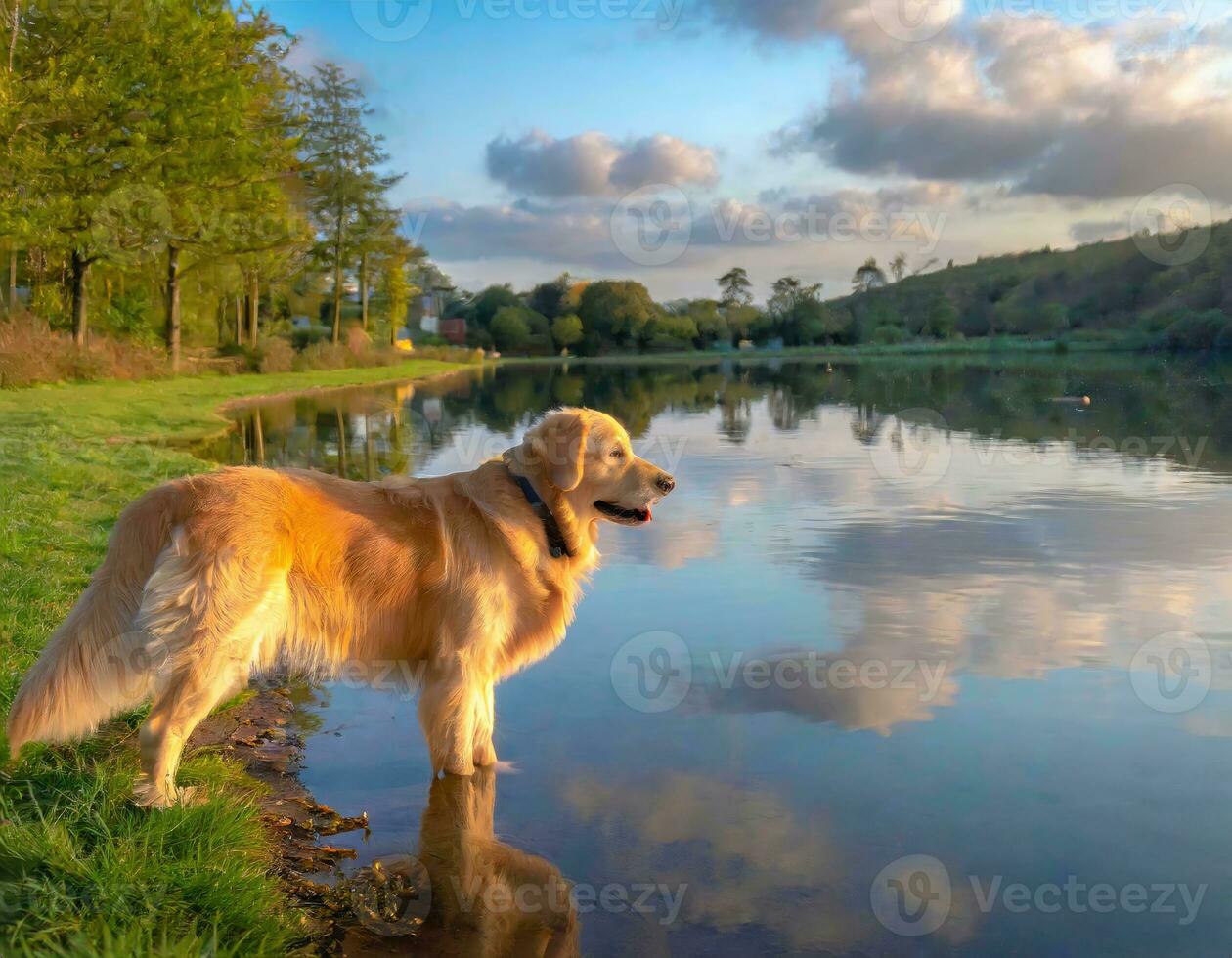 ai genererad majestätisk gyllene retriever njuter natur förbi de sjö med himmel och moln reflexion foto