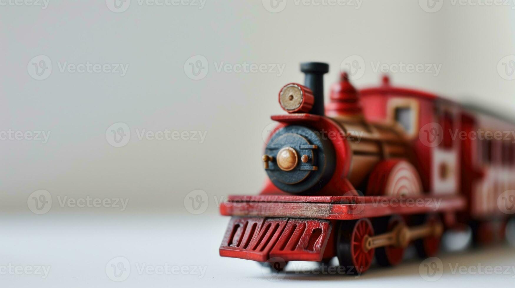ai genererad en röd trä- leksak tåg på en mjuk vit bakgrund foto