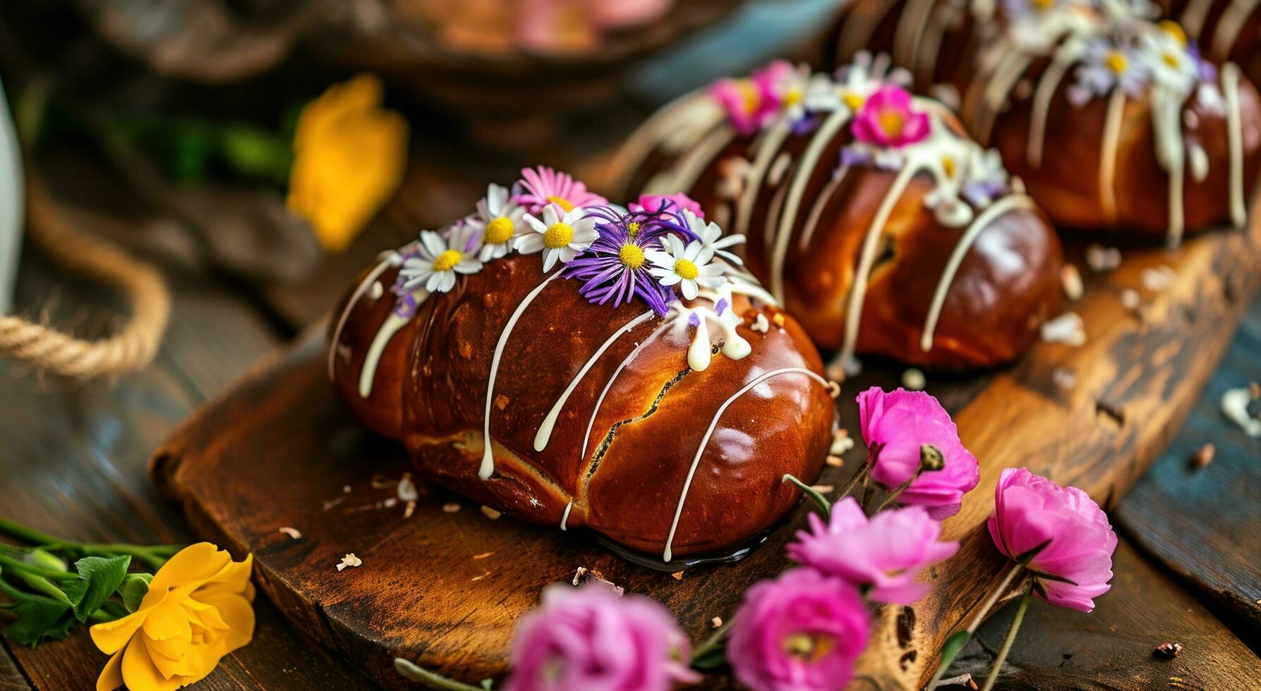 ai genererad choklad ägg bullar med blommor och glasyr foto