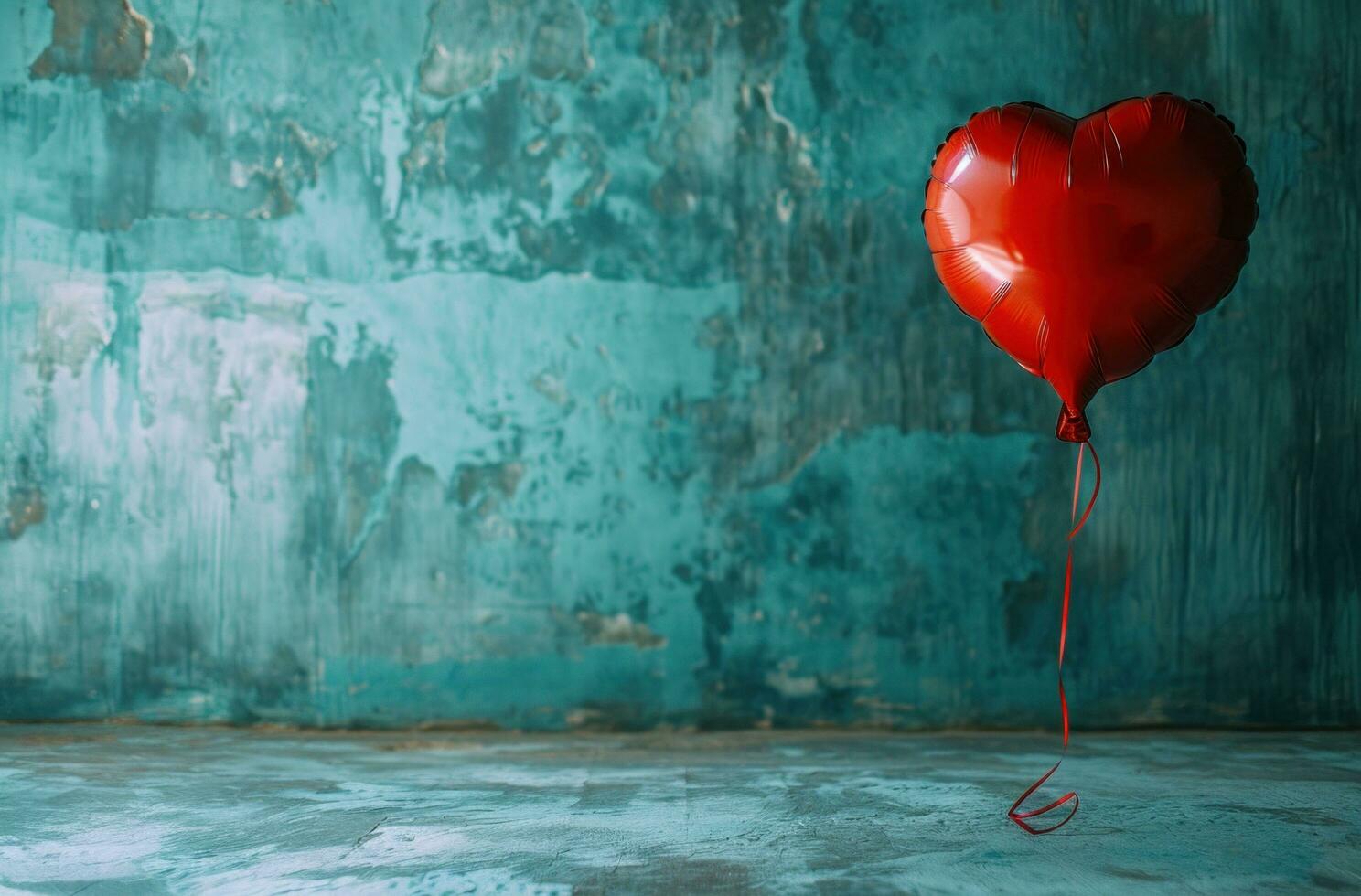 ai genererad röd hjärta ballong i främre av en blå rum foto
