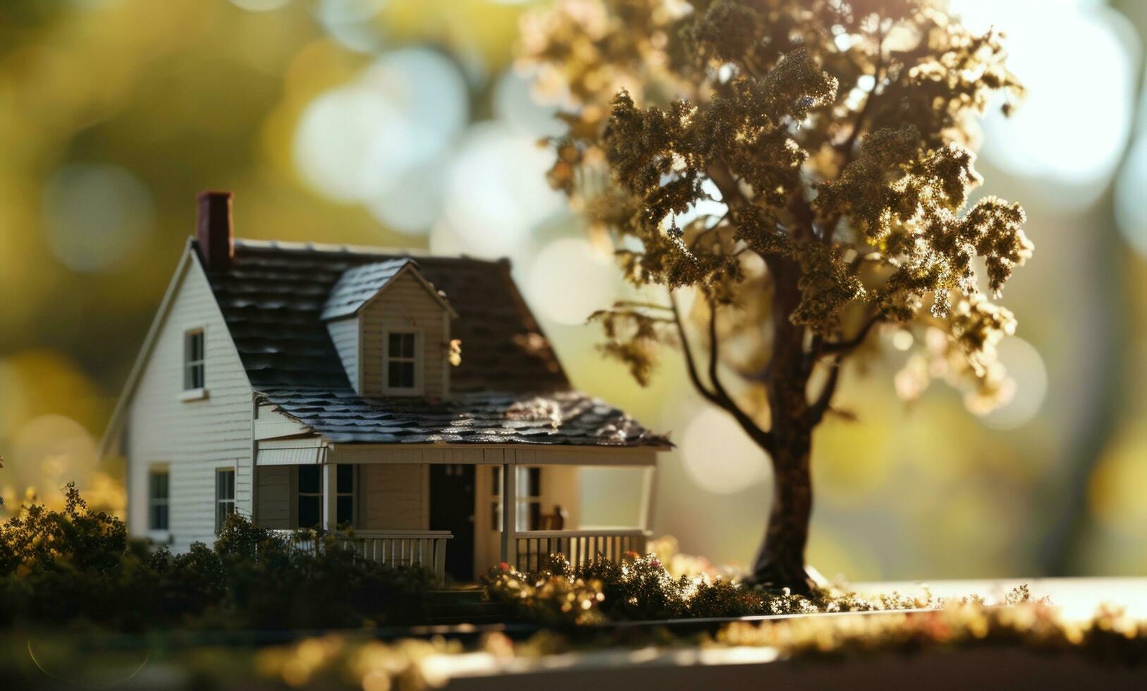ai genererad en små modell hus med en träd i de bakgrund foto
