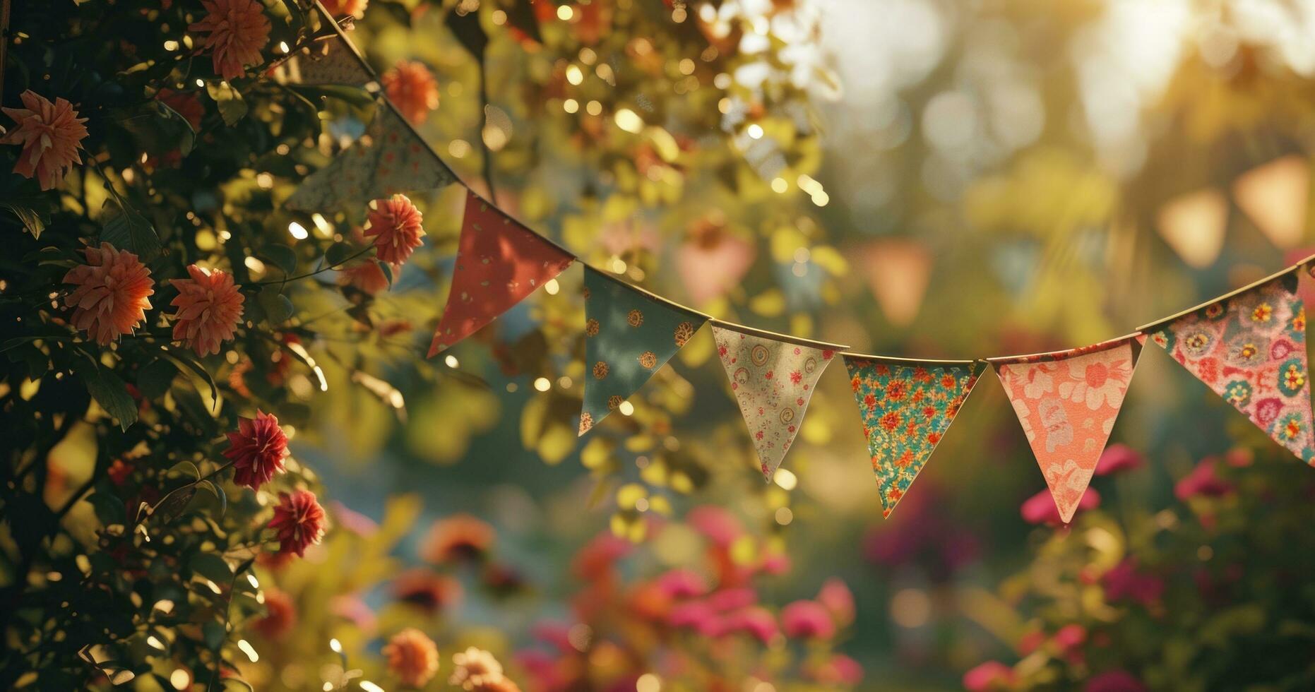 ai genererad en knippa av buntings med några blommor och löv foto