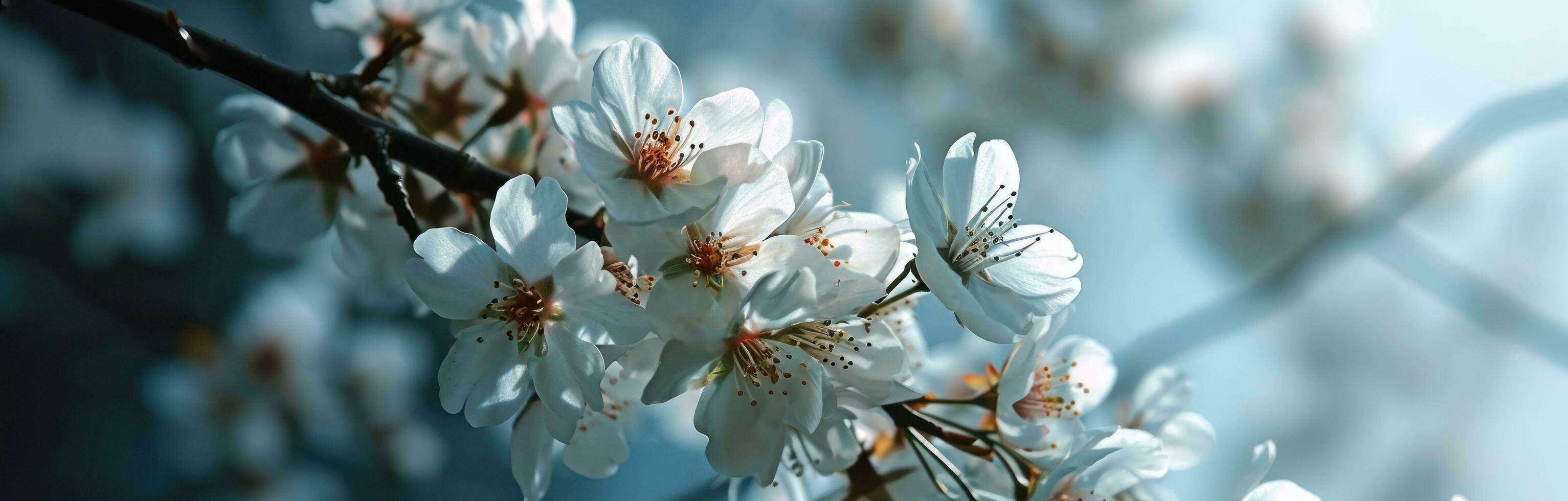 ai genererad en bakgrund av vit blommor på en blå bakgrund foto