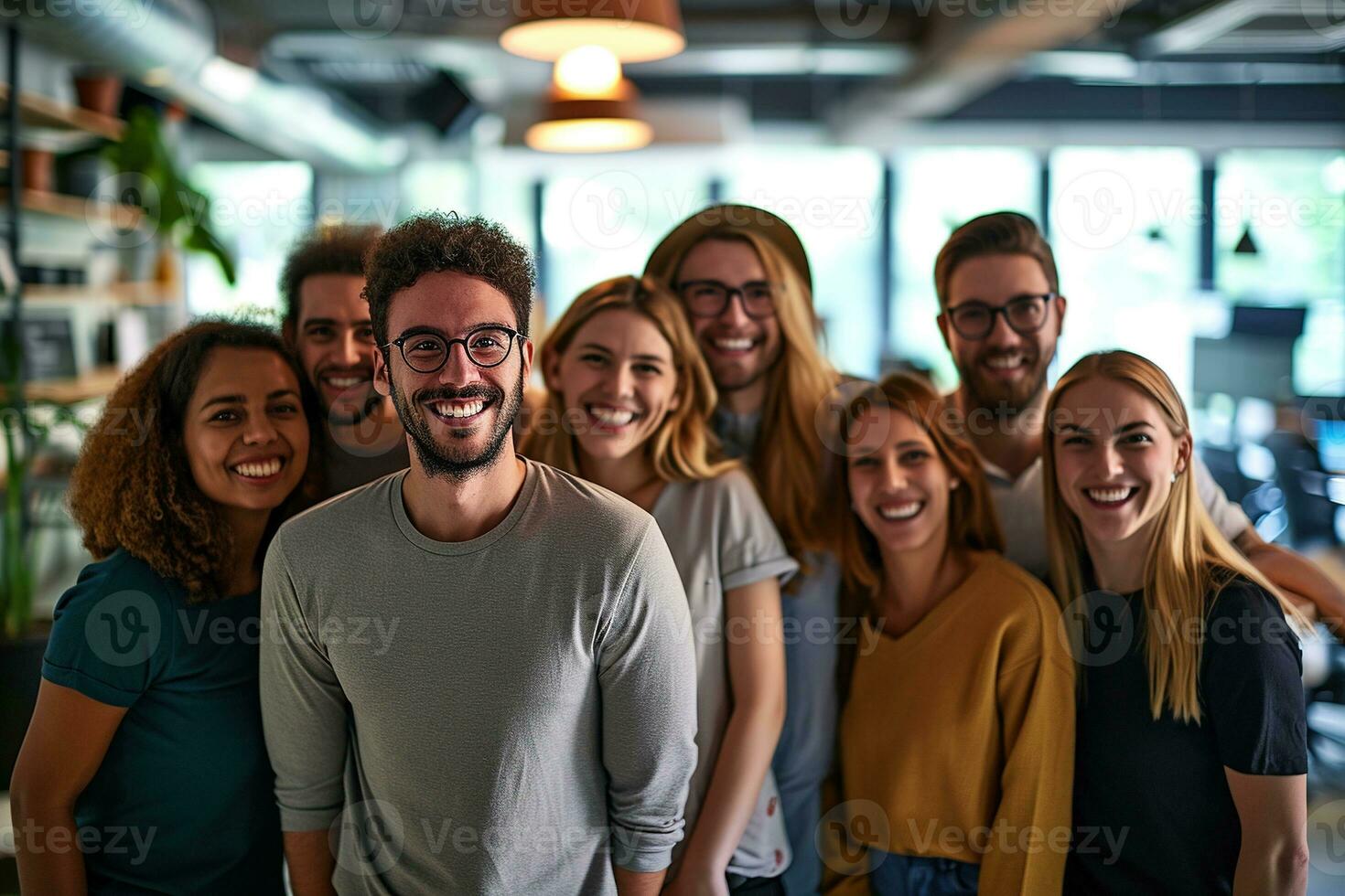 ai genererad grupp av företag människor har en möte på kreativ kontor foto