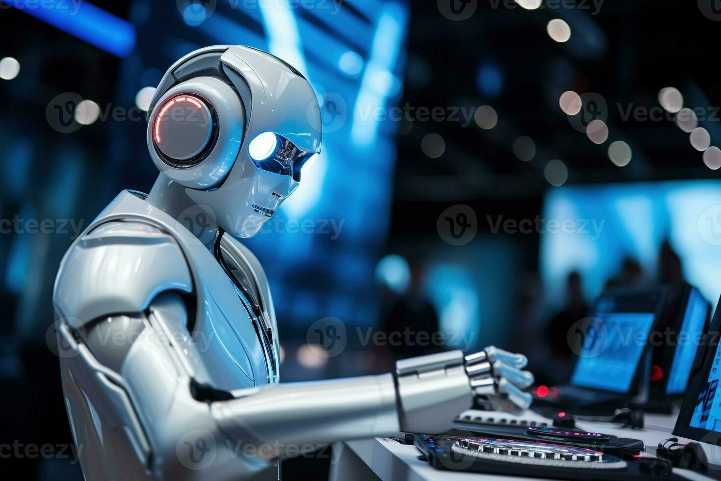 ai genererad robot humanoid arbetssätt på en dator i en nattklubb foto