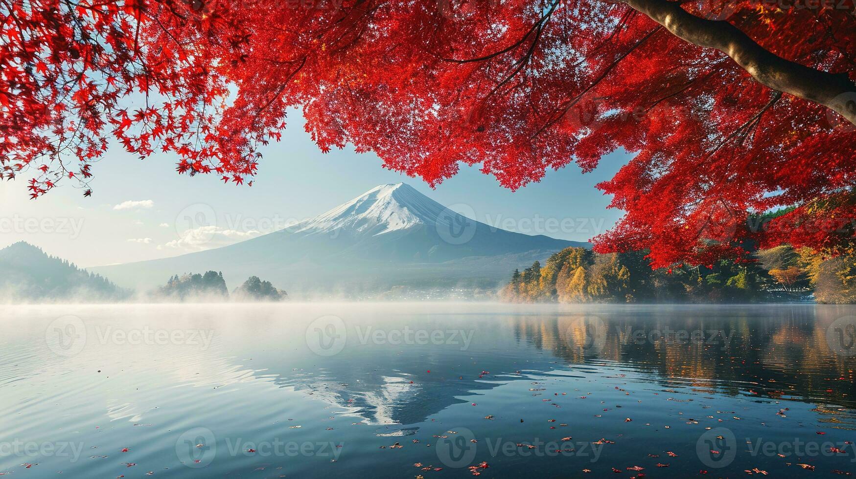 ai genererad fuji berg och sjö Kawaguchiko i höst säsong, japan foto