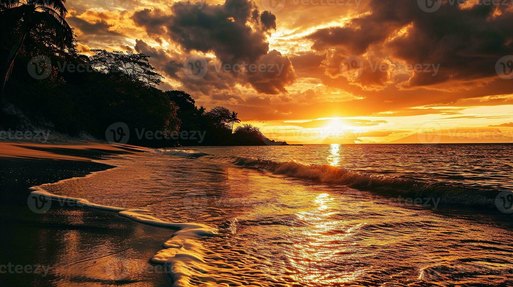 ai genererad skön solnedgång på de strand. hav vågor och stänk. foto