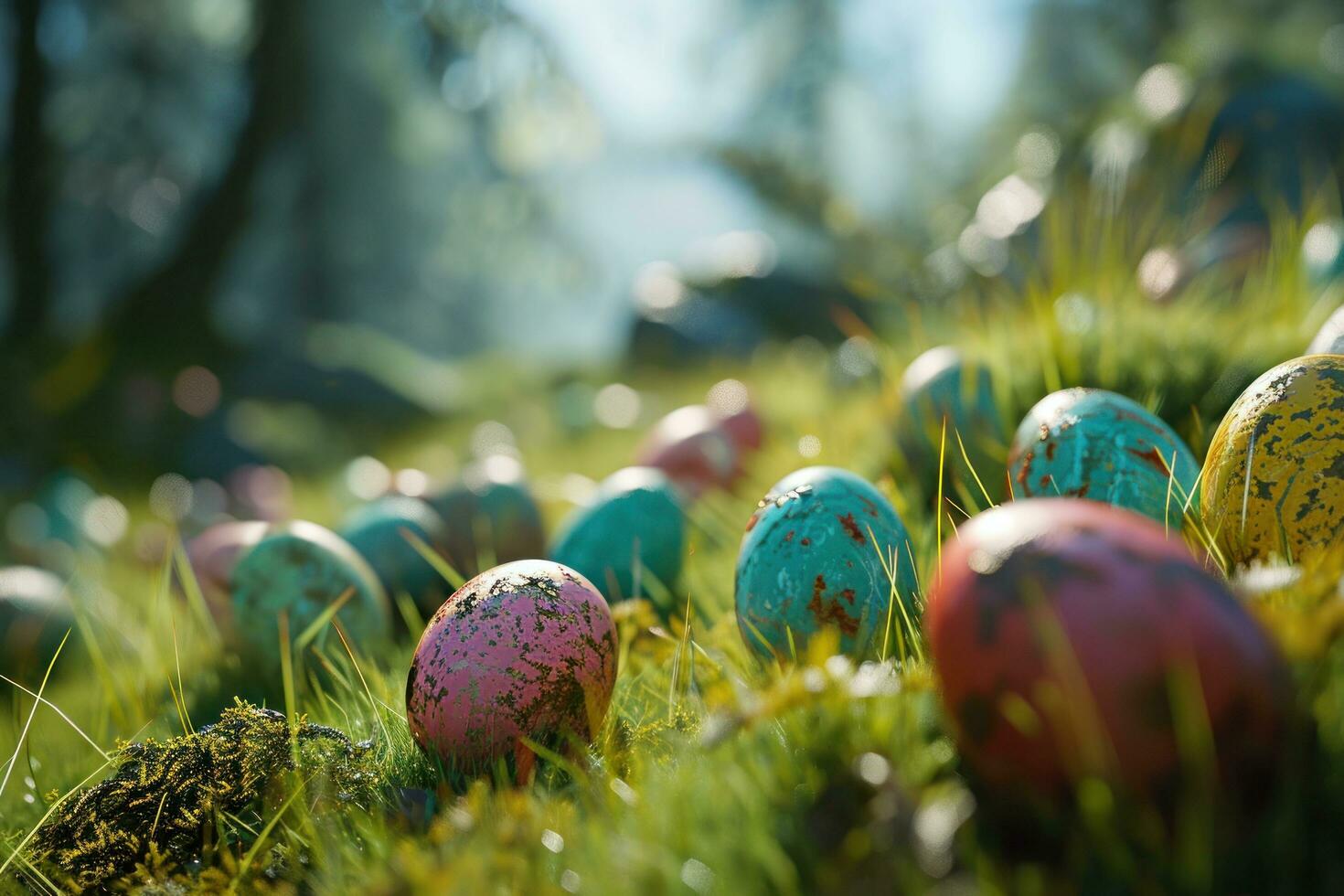ai genererad färgrik påsk ägg i en bo på en trä- tabell foto