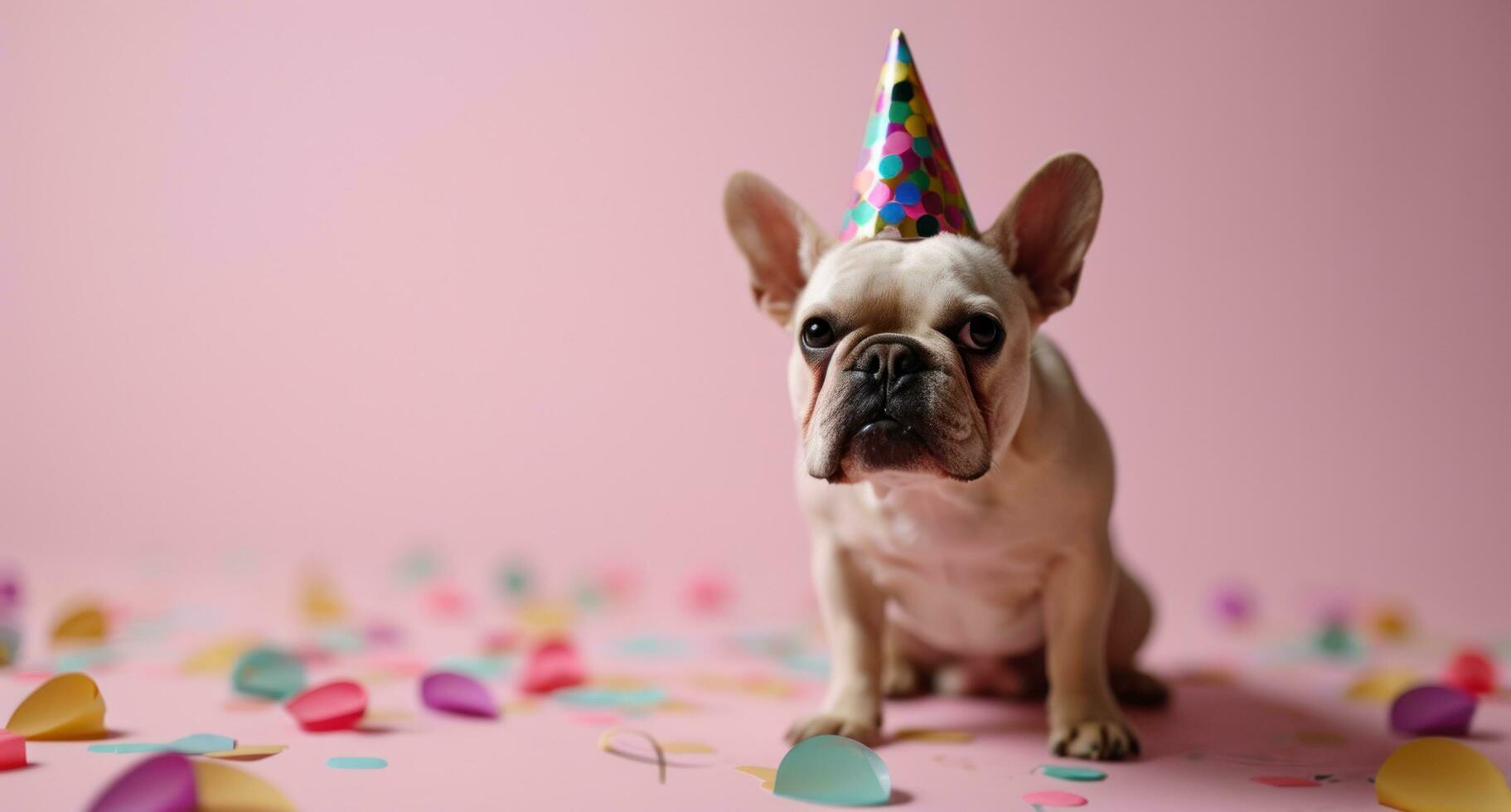 ai genererad Lycklig franska bulldogg med födelsedag hatt på rosa bakgrund foto