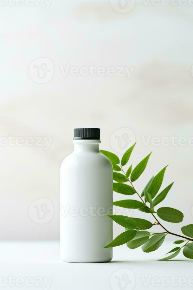 ai genererad tom kosmetisk flaska med grön löv på vit bakgrund foto