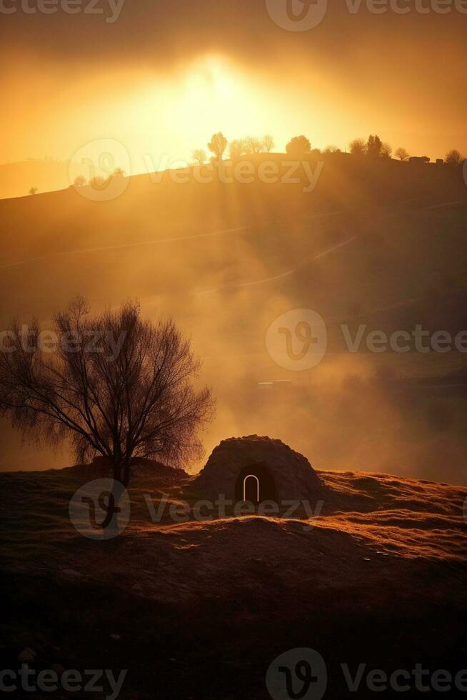 ai genererad soluppgång över en megalitisk grav foto