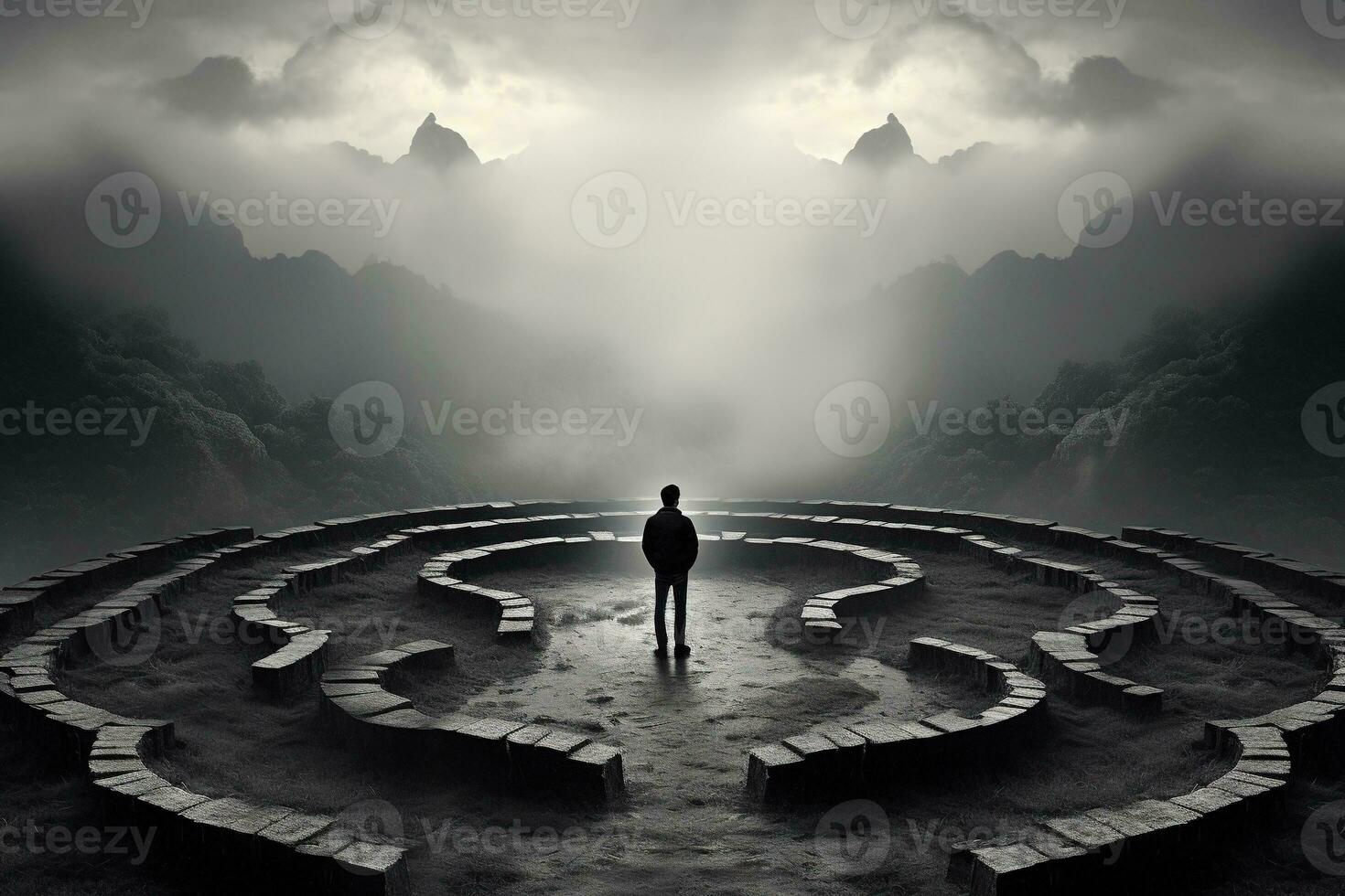 ai genererad en man stående i de mitten av en labyrint foto