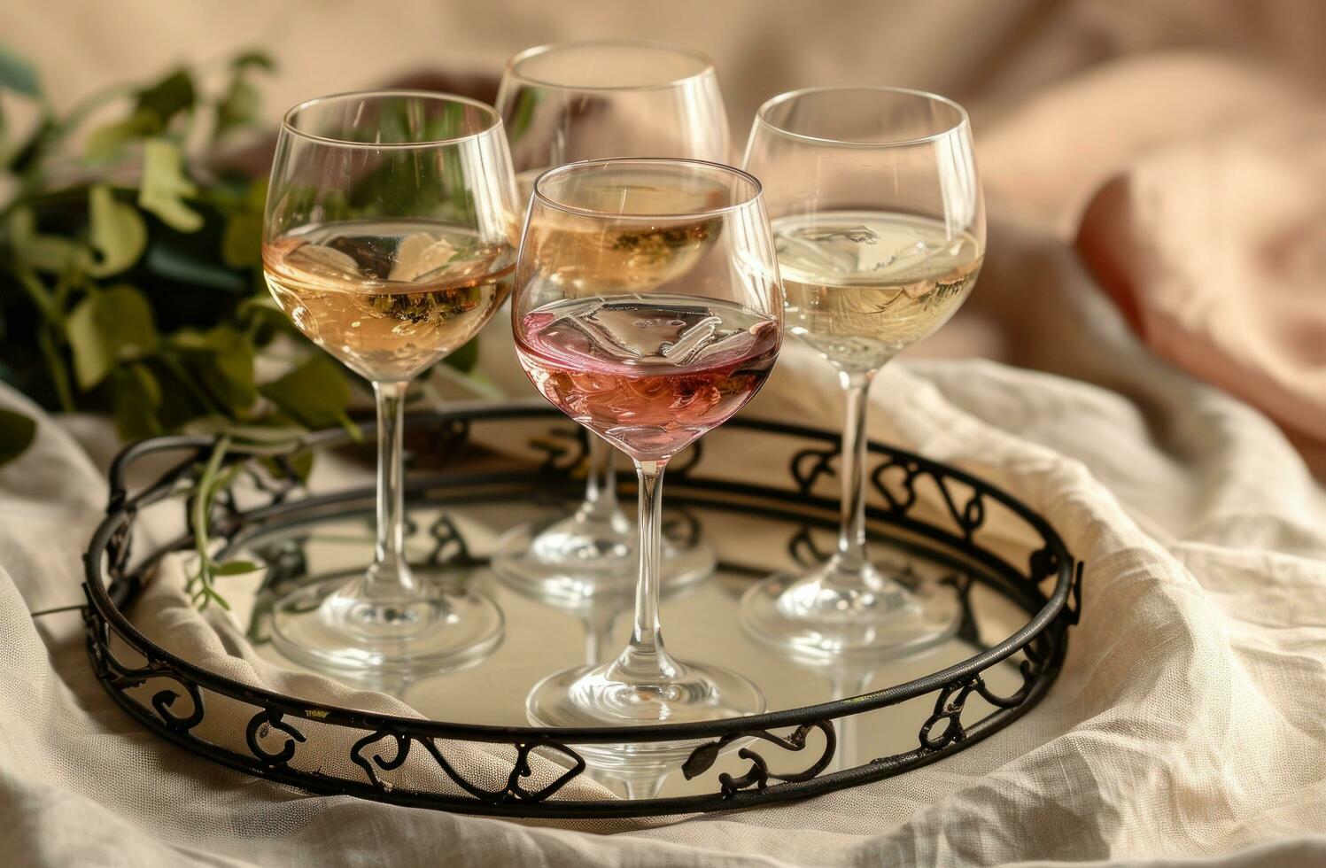 ai genererad tre franska vit vin glasögon med två dekorerad järn finaler på ett antik tenn bricka foto