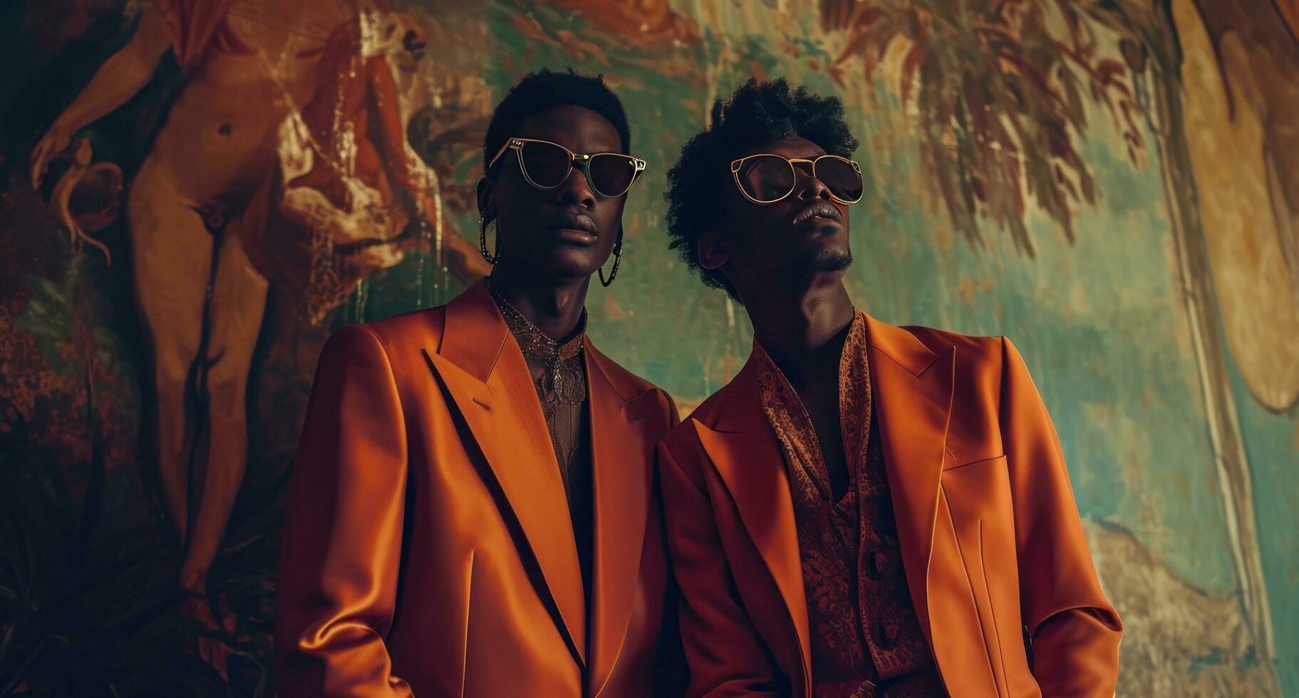 ai genererad två människor bär solglasögon och orange färgad kostymer Framställ i främre av en målning foto
