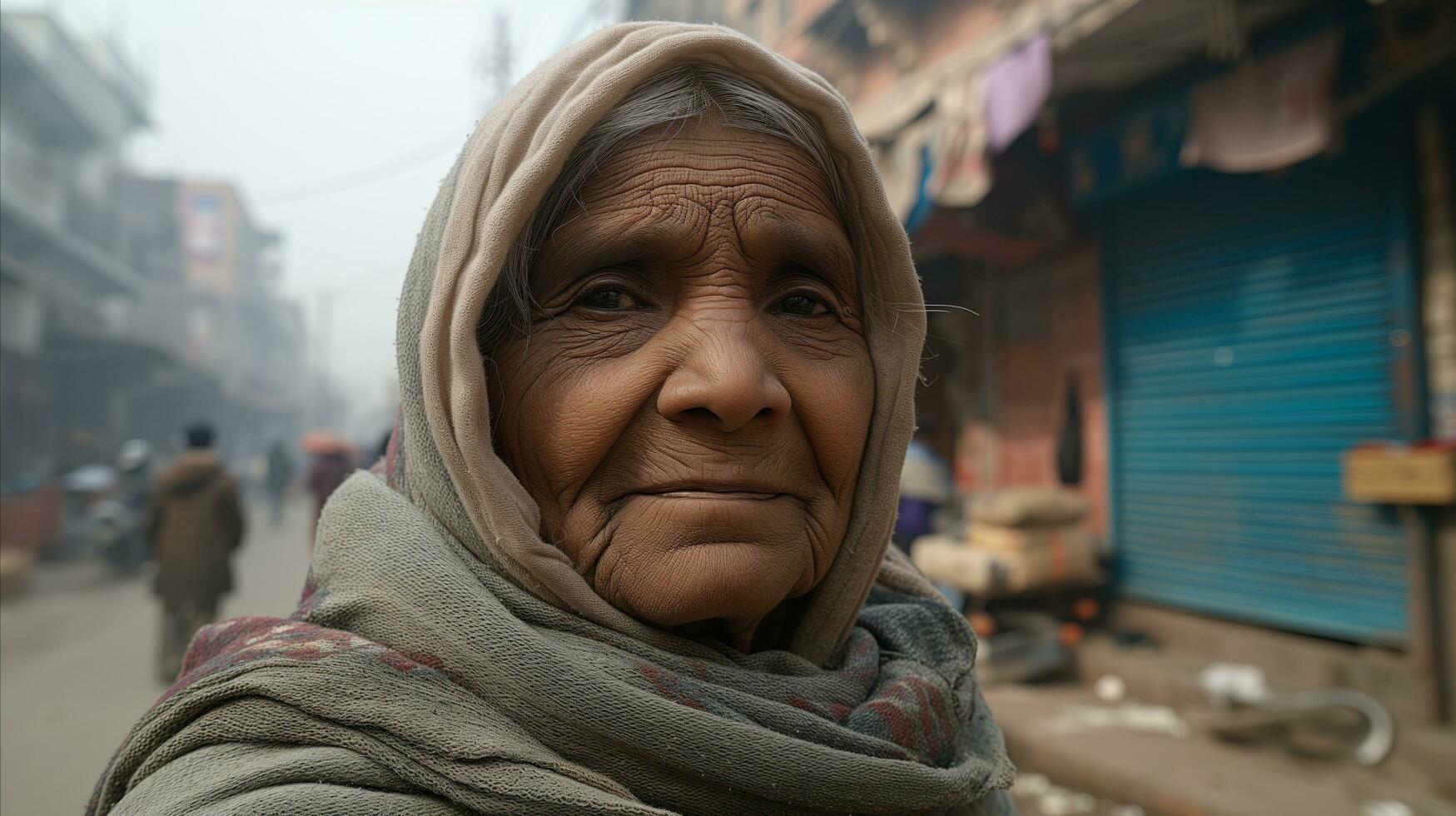 ai genererad ett äldre kvinna bär en scarf och ser på de kamera. generativ ai foto