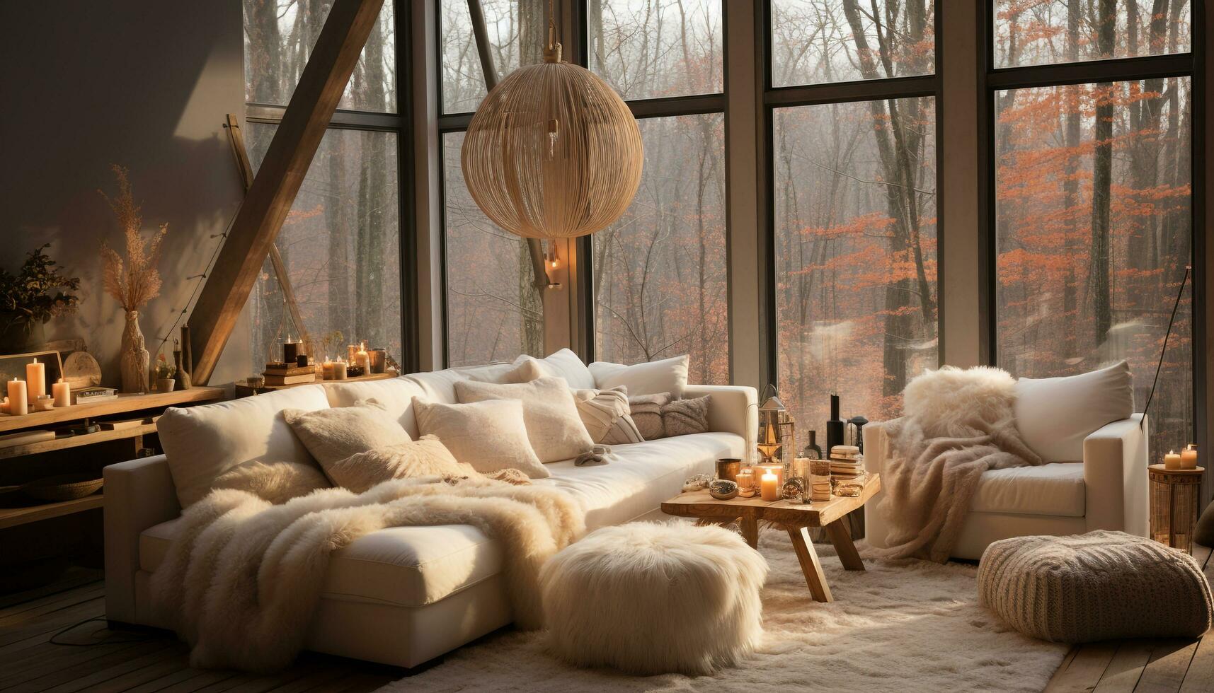ai genererad mysigt loft lägenhet med modern dekor, bekväm soffa, och elegant belysning genererad förbi ai foto