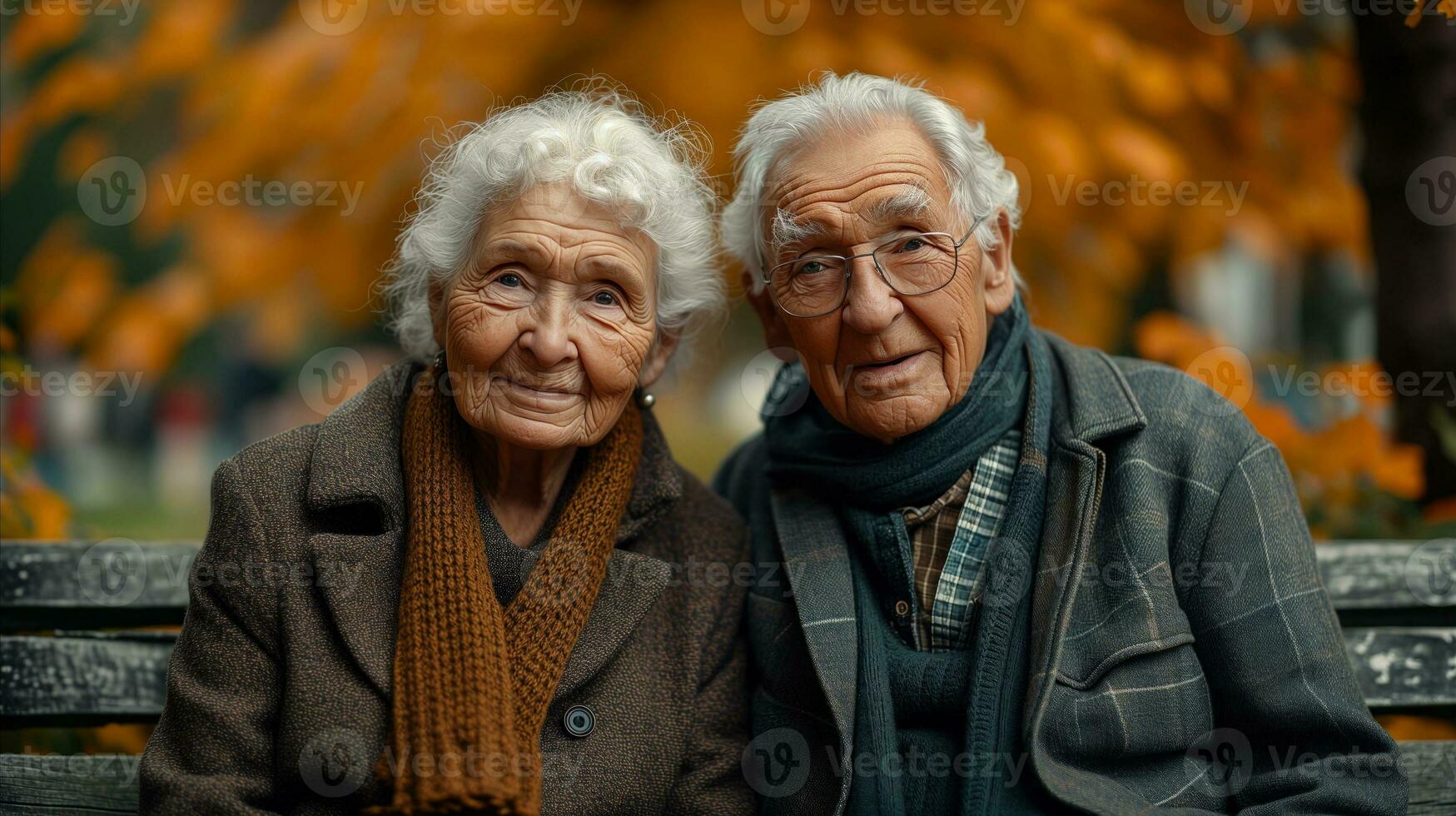 ai genererad senior par njuter höst dag Sammanträde tillsammans på en parkera bänk foto