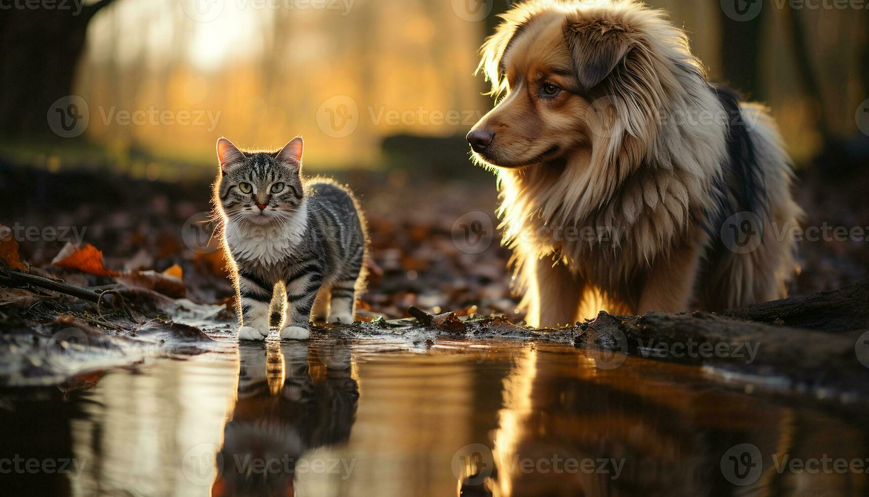 ai genererad solbelyst gräs, lekfull valp och kattunge, renrasig hund och katt genererad förbi ai foto