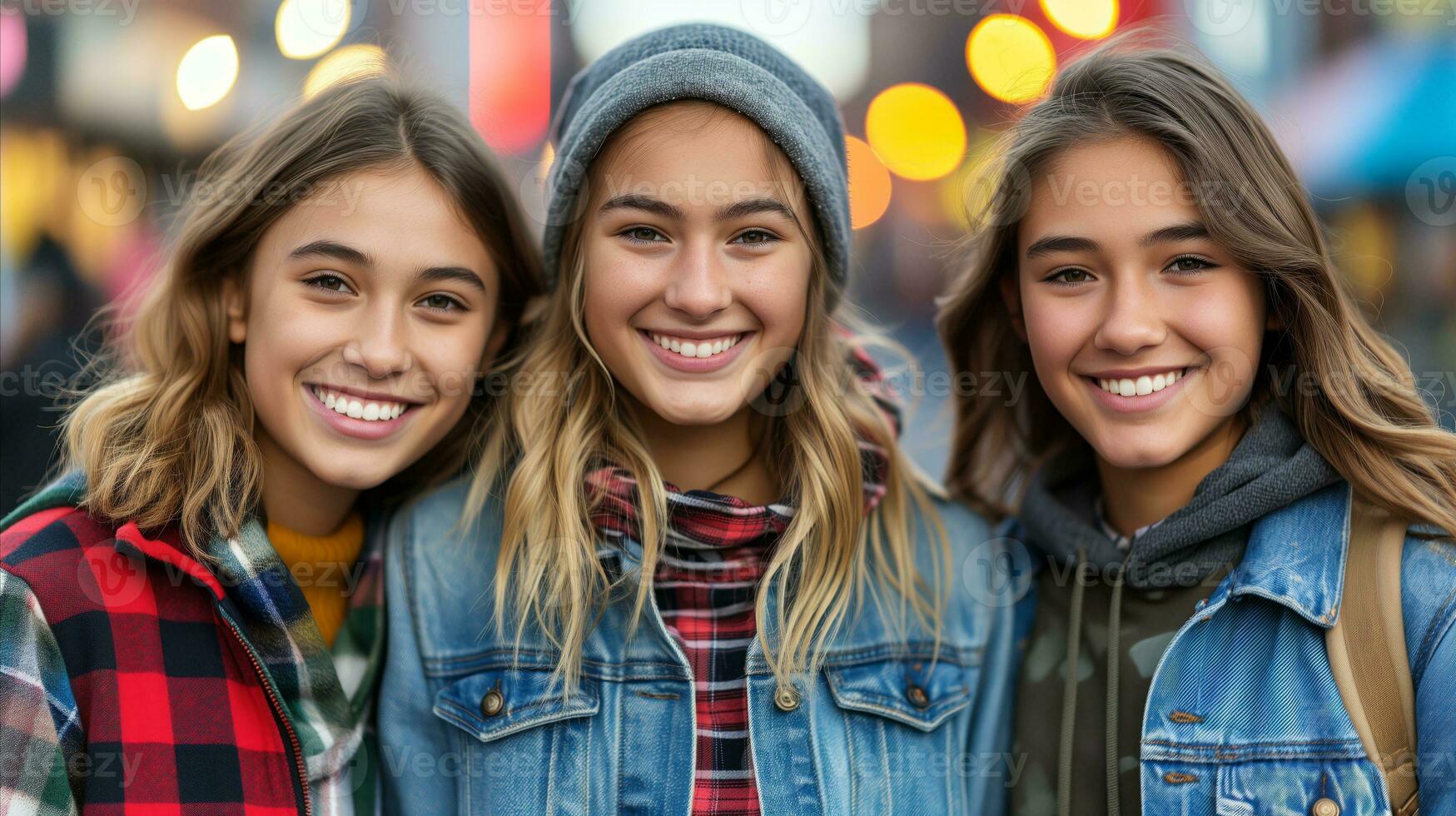 ai genererad tre leende Tonårs flickor vänner hängande ut i de stad foto