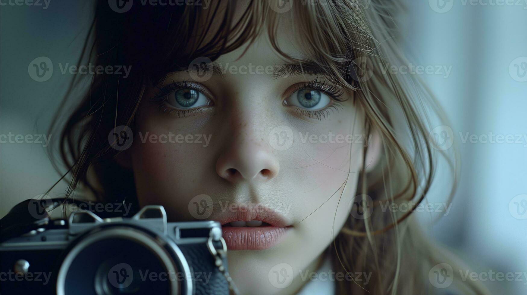 ai genererad ung kvinna fotograf innehav kamera med intensiv blick foto