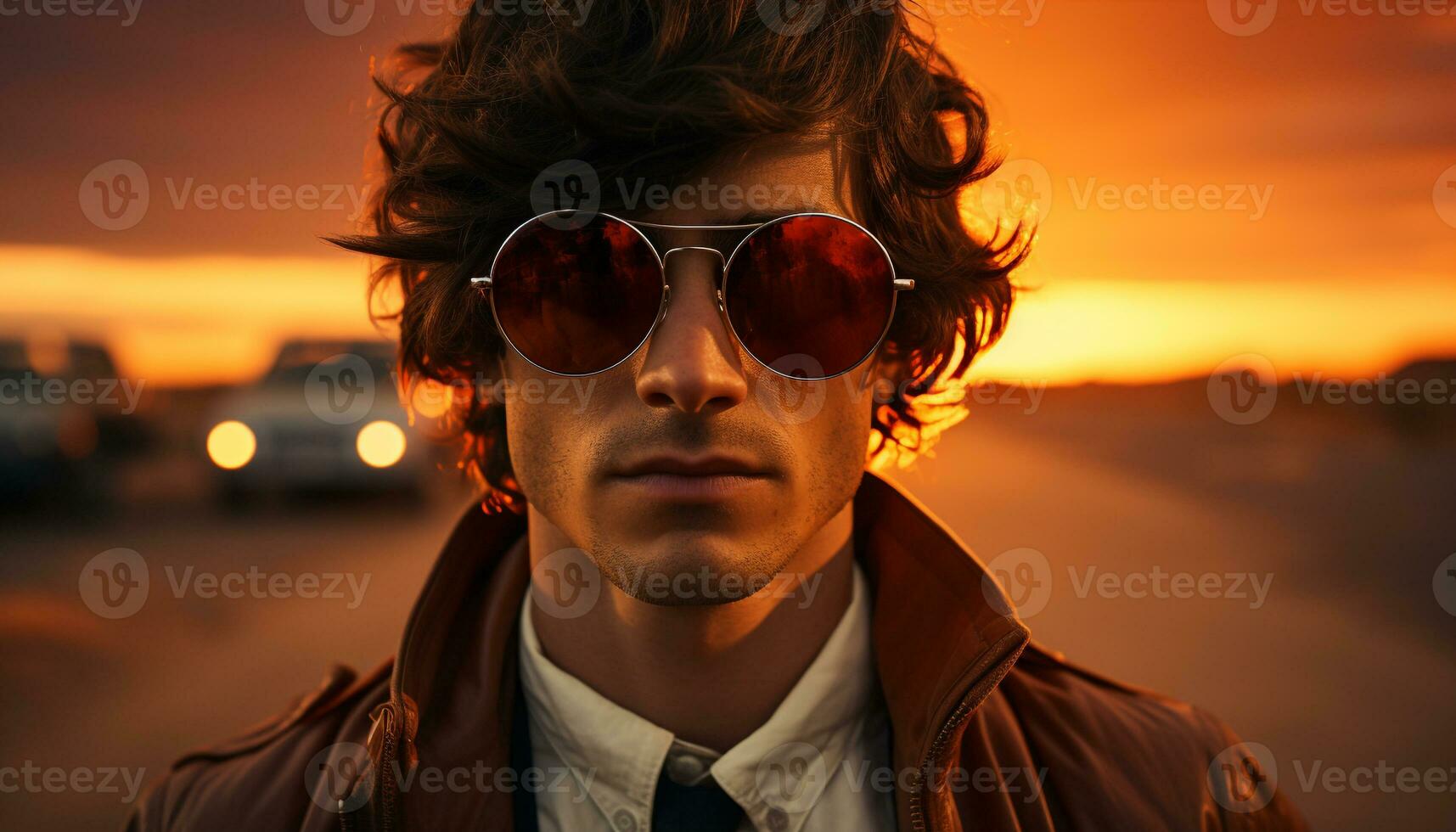 ai genererad en självsäker ung man, snyggt ser på kamera i solnedgång genererad förbi ai foto