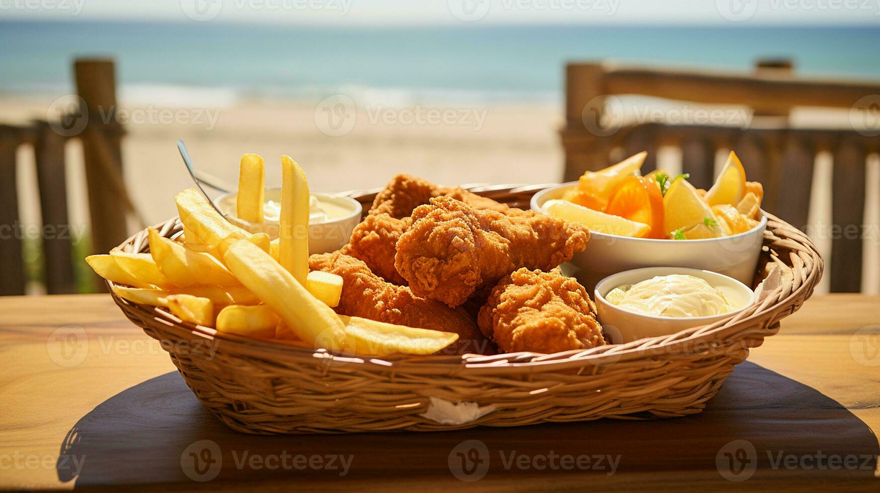 ai genererad en tallrik av fisk och pommes frites eras i en trä- korg, mittvinkel skott foto