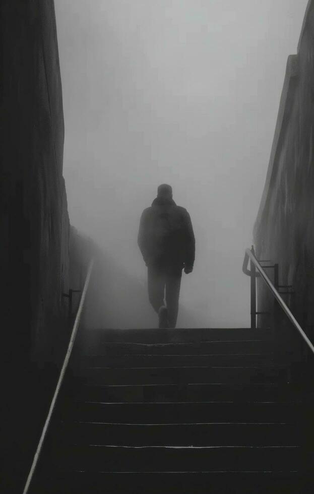 ai genererad man stående upp på en trappa i en dimmig dag. foto