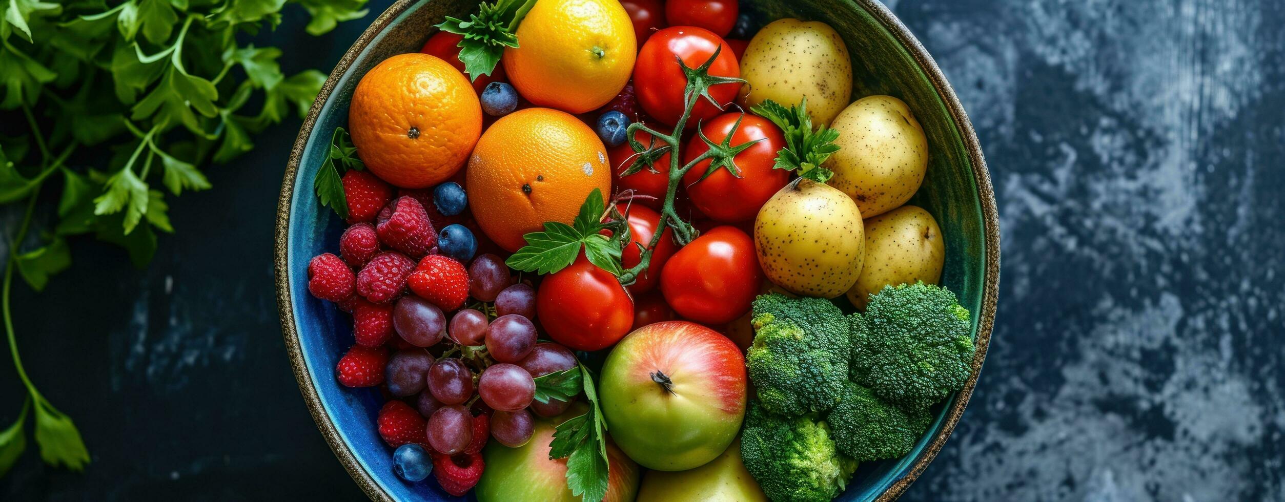 ai genererad en färgrik skål av frukt och grönsaker foto