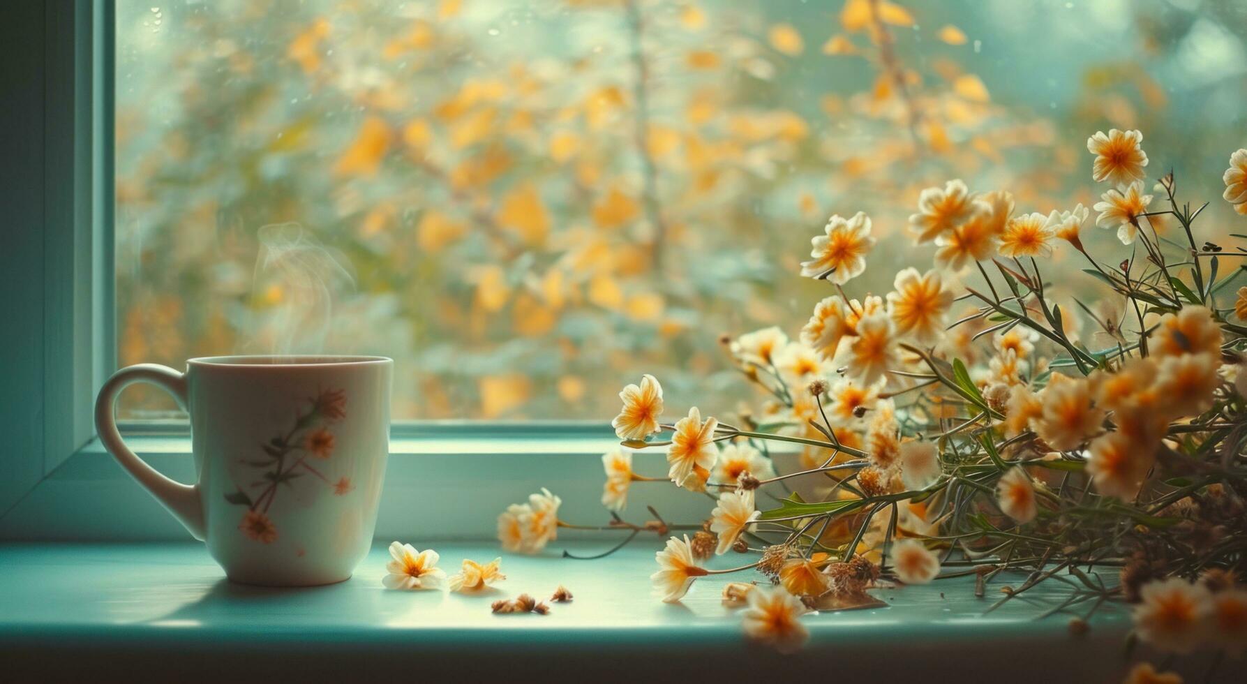 ai genererad en kopp av kaffe är på en fönster tröskel Nästa till blommor foto