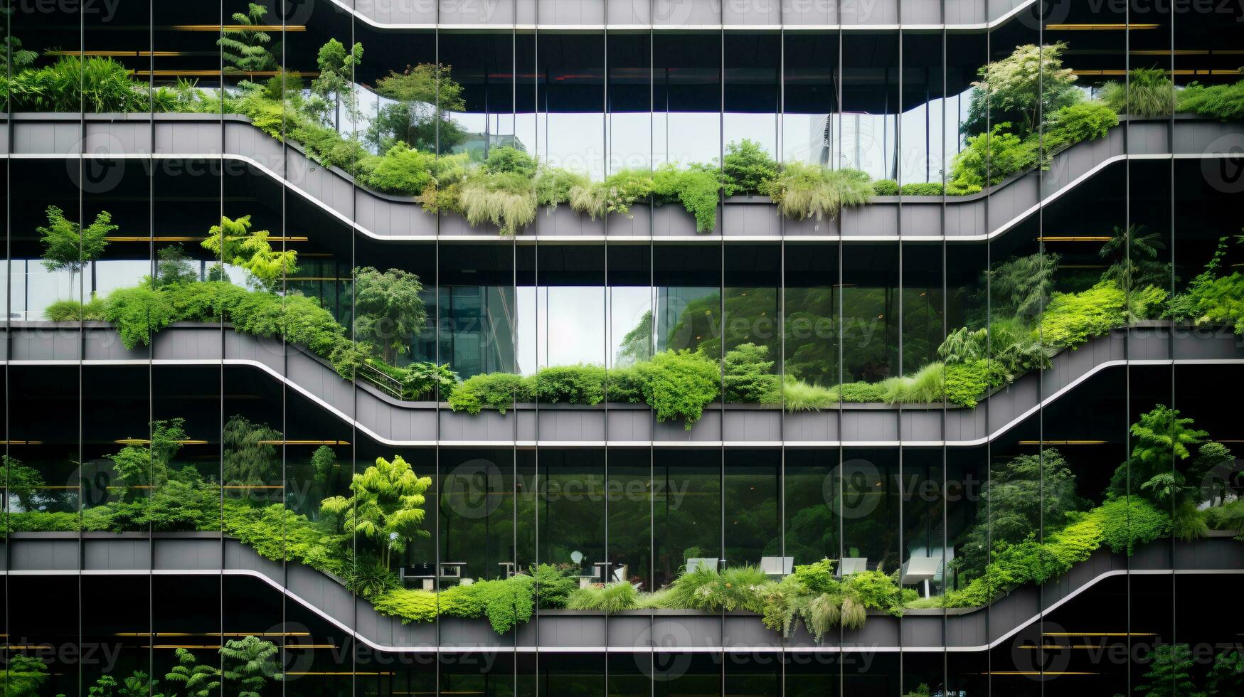 ai genererad miljövänlig byggnad i de modern stad. hållbar glas kontor byggnad med träd för minska kol dioxid. kontor byggnad med grön miljö. företags- byggnad minska co2. foto