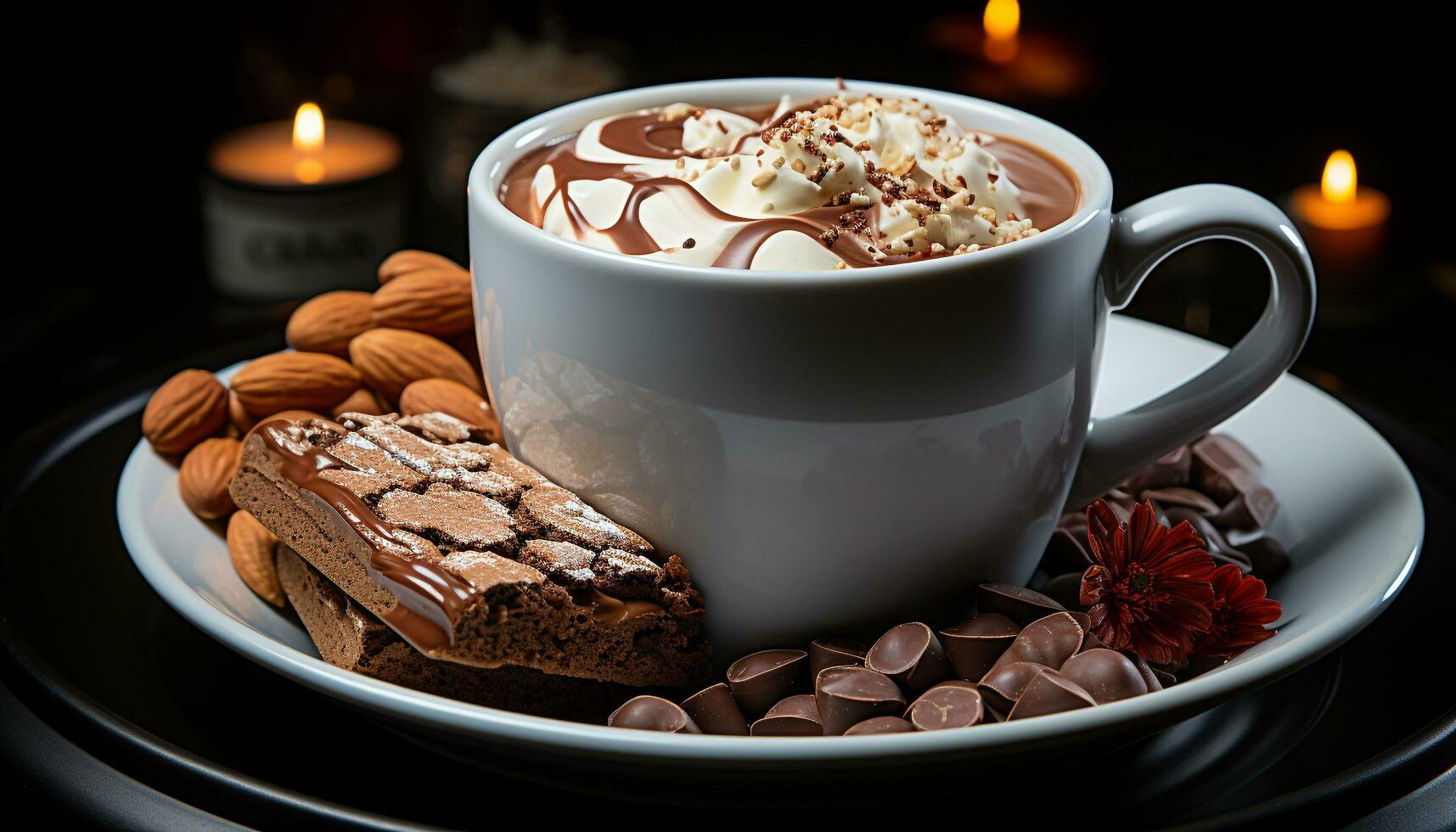 ai genererad eftergiven gourmet efterrätt mörk choklad kaka med varm kaffe genererad förbi ai foto