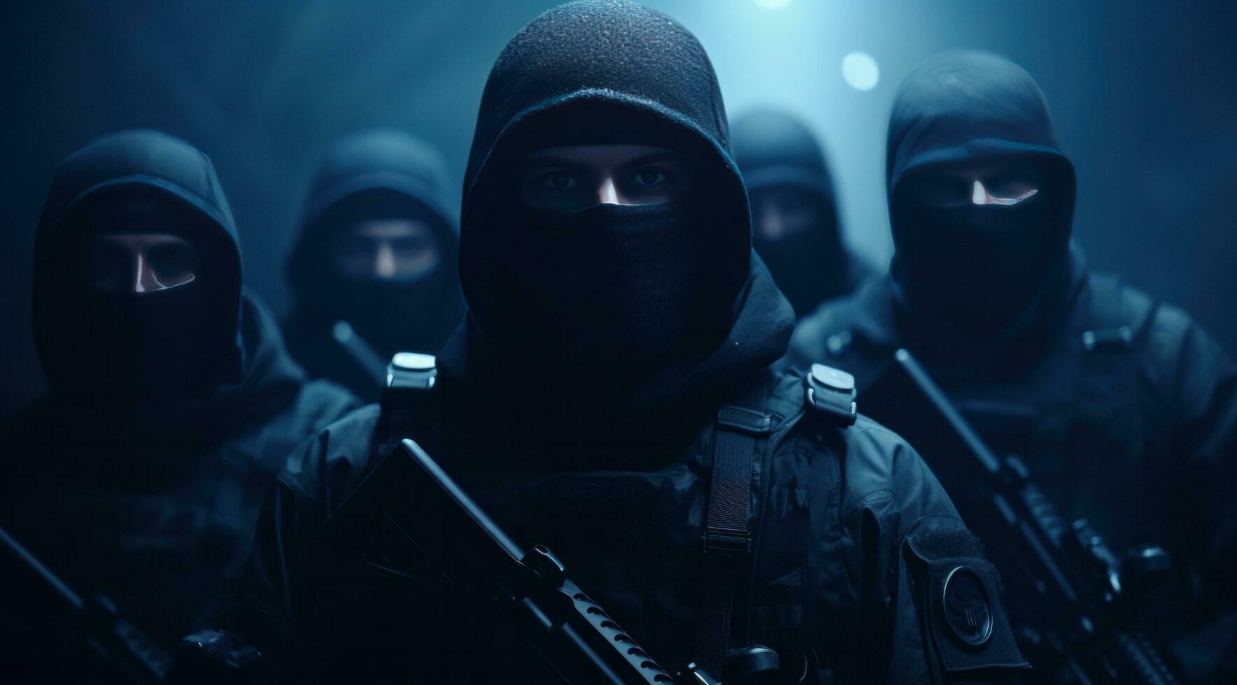 ai genererad ryska spioner från grupp av män med guns i mörk dyster område foto