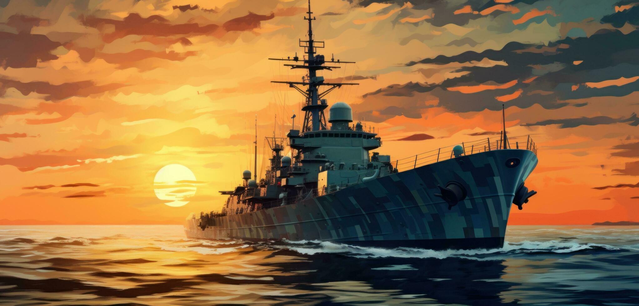 ai genererad Marin fartyg i de hav på en solnedgång foto