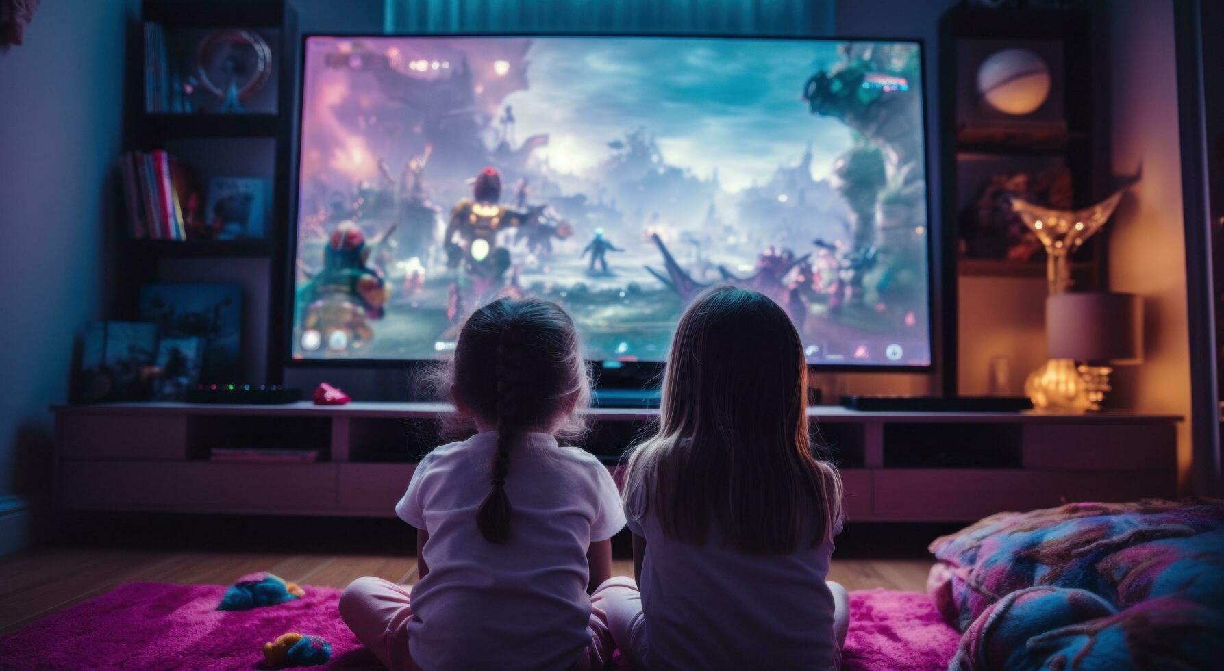 ai genererad två barn tittar på tv spela video spel foto