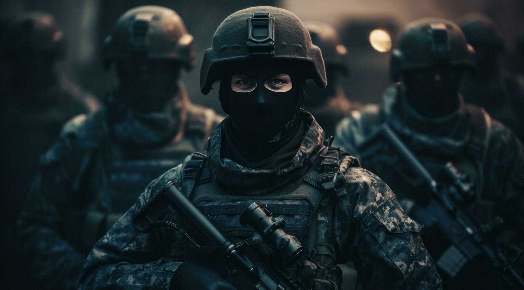 ai genererad soldater bär masker och skjutvapen i de mörk foto