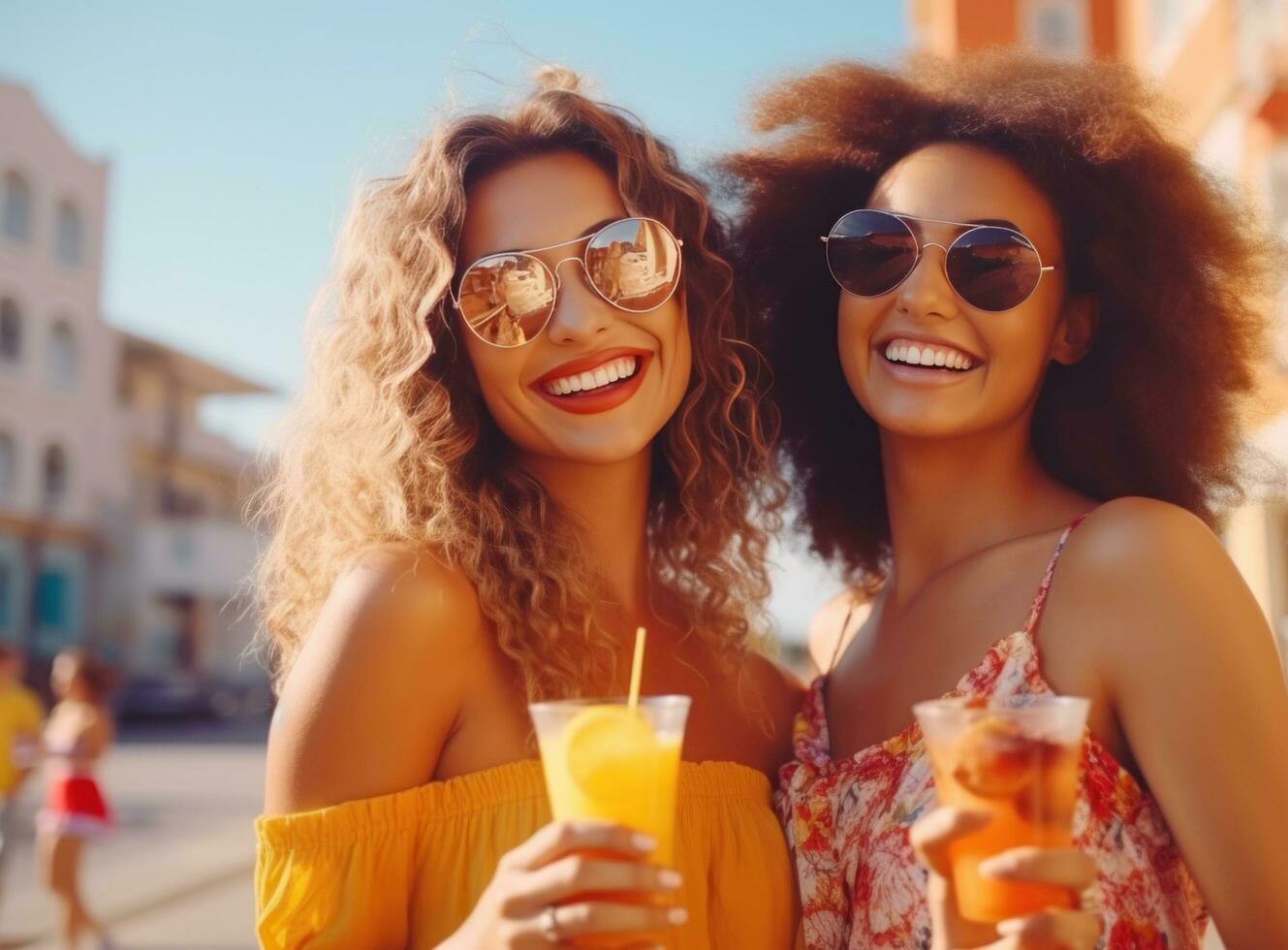ai genererad kvinnor vänner innehav orange juice på gata talande i solglasögon foto
