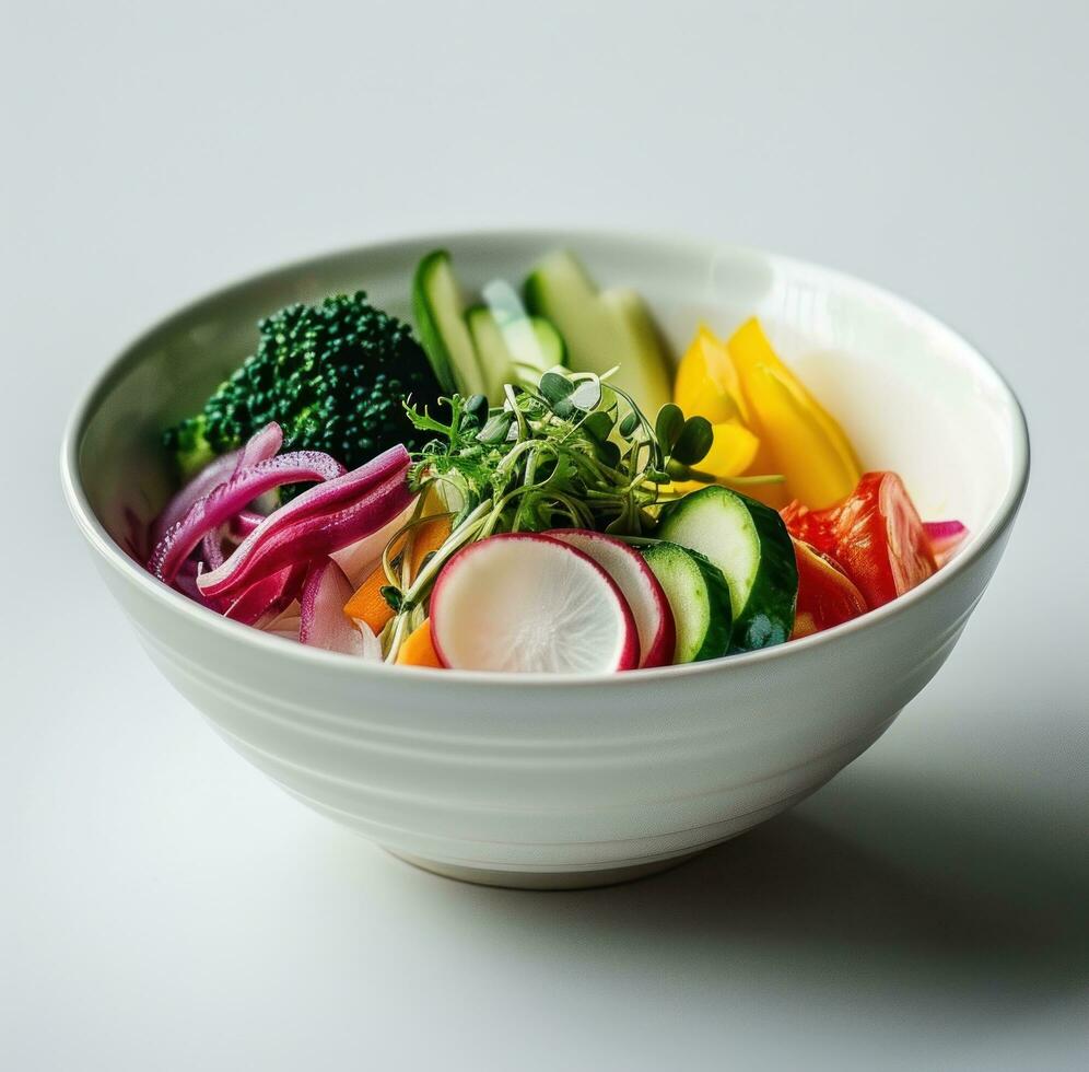 ai genererad en vit skål fylld med en skål av grönsaker foto