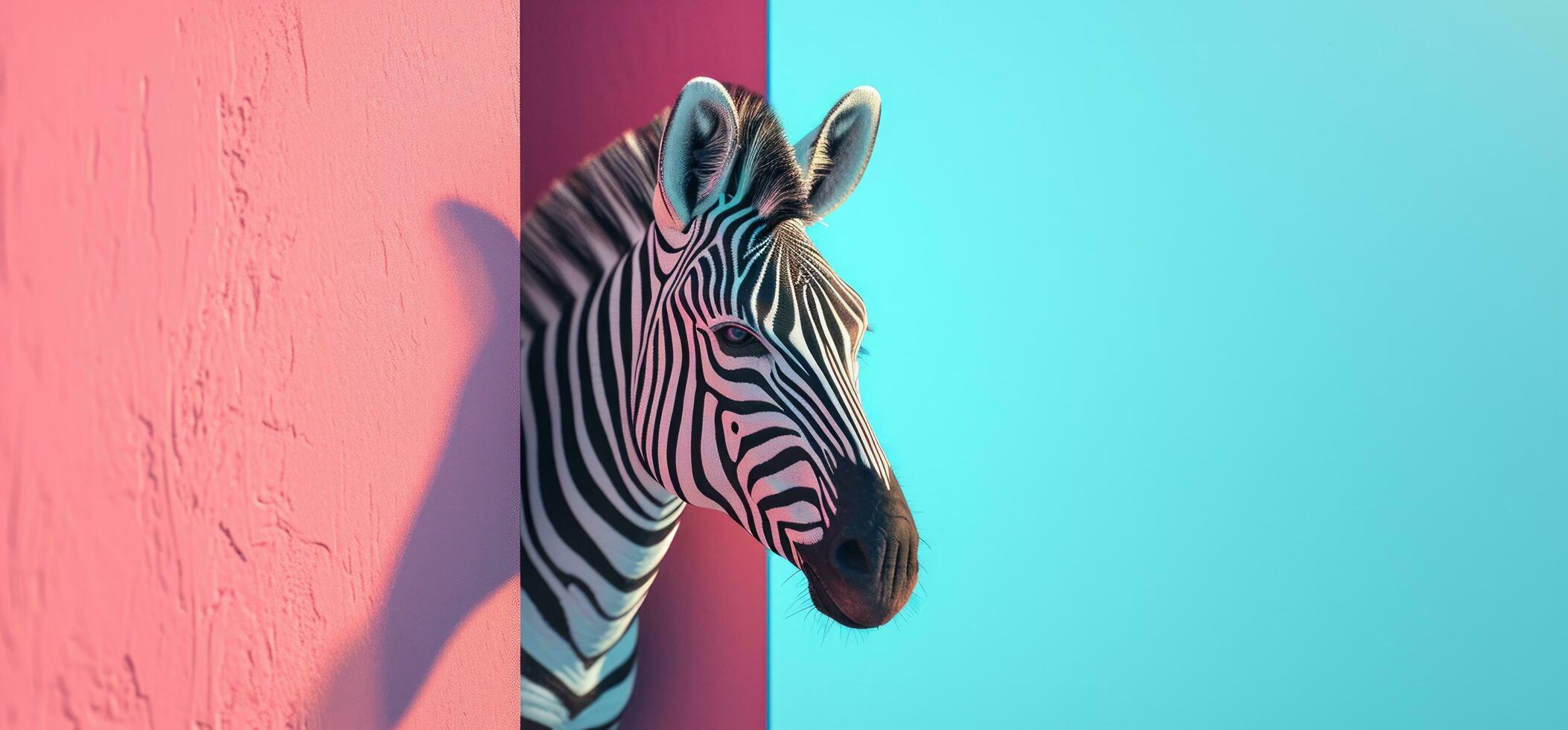 ai genererad en zebra kikar ut av en blå och rosa vägg foto