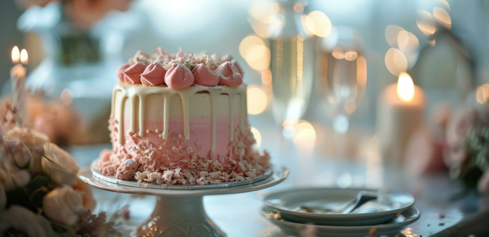 ai genererad ett elegant rosa födelsedag kaka med champagne och bröllop kaka foto