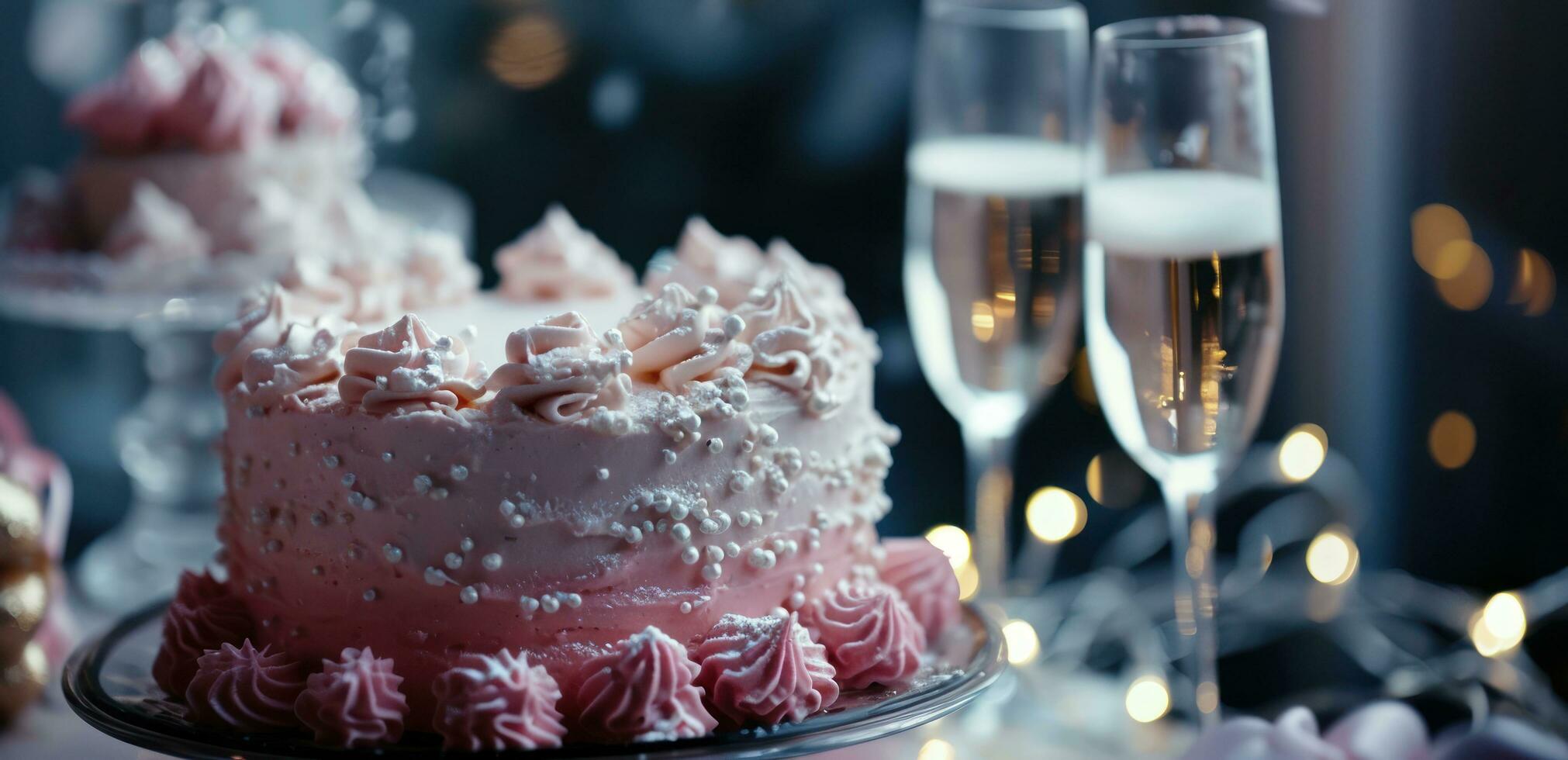 ai genererad ett elegant rosa födelsedag kaka med champagne och bröllop kaka foto