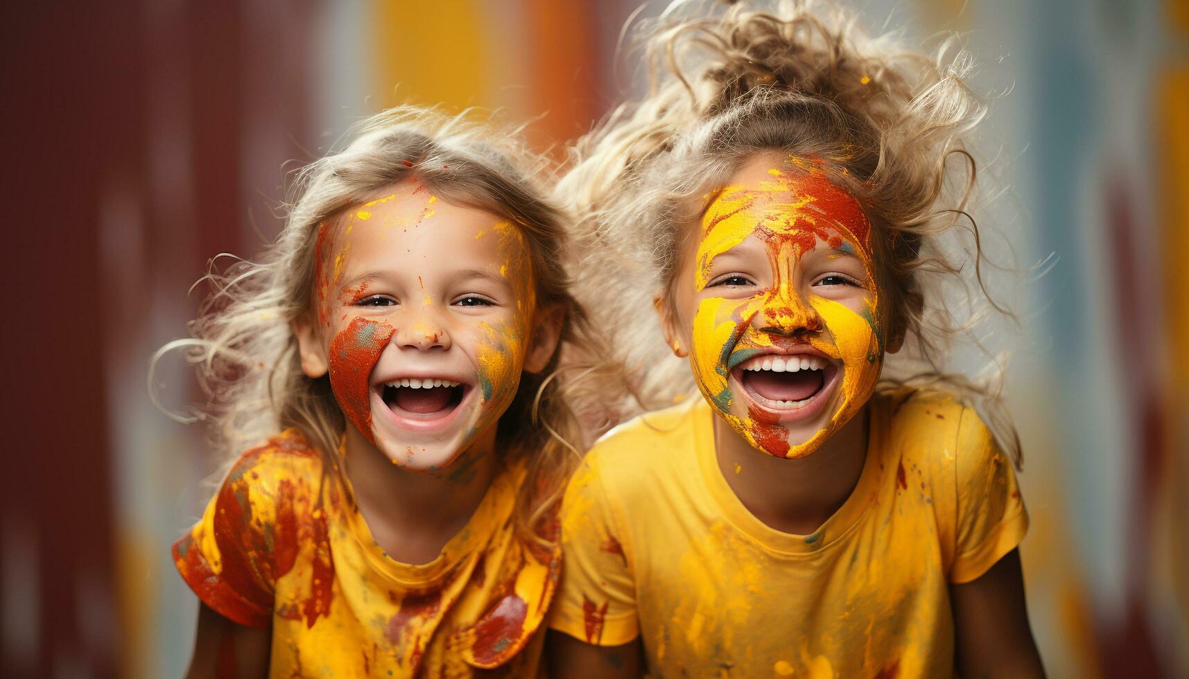 ai genererad glad flickor spelar, leende, och njuter de färgrik festival genererad förbi ai foto