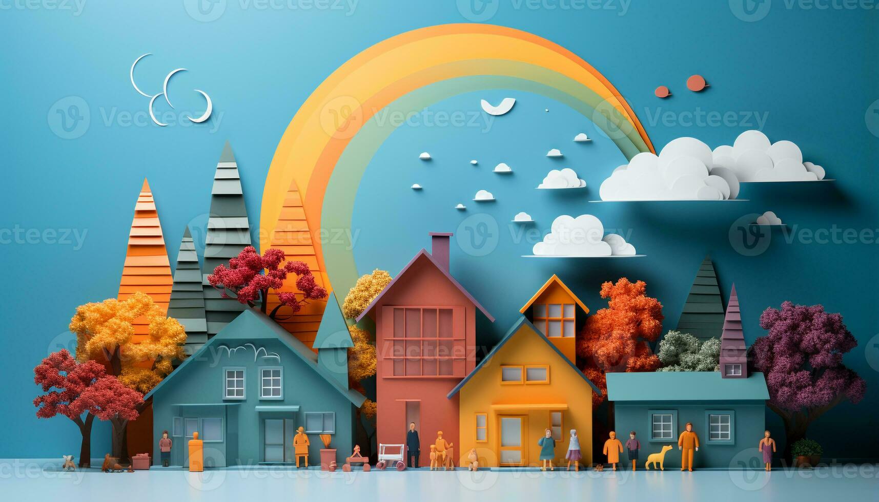 ai genererad natt himmel med färgrik tecknad serie träd och flygande familj genererad förbi ai foto