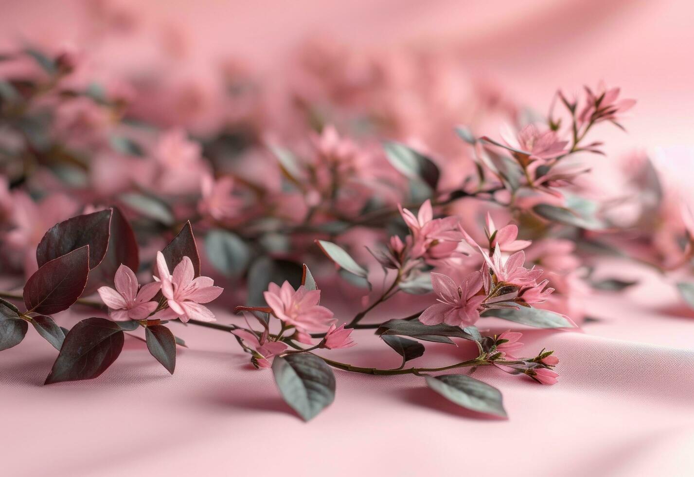 ai genererad rosa blommig löv på en rosa yta foto
