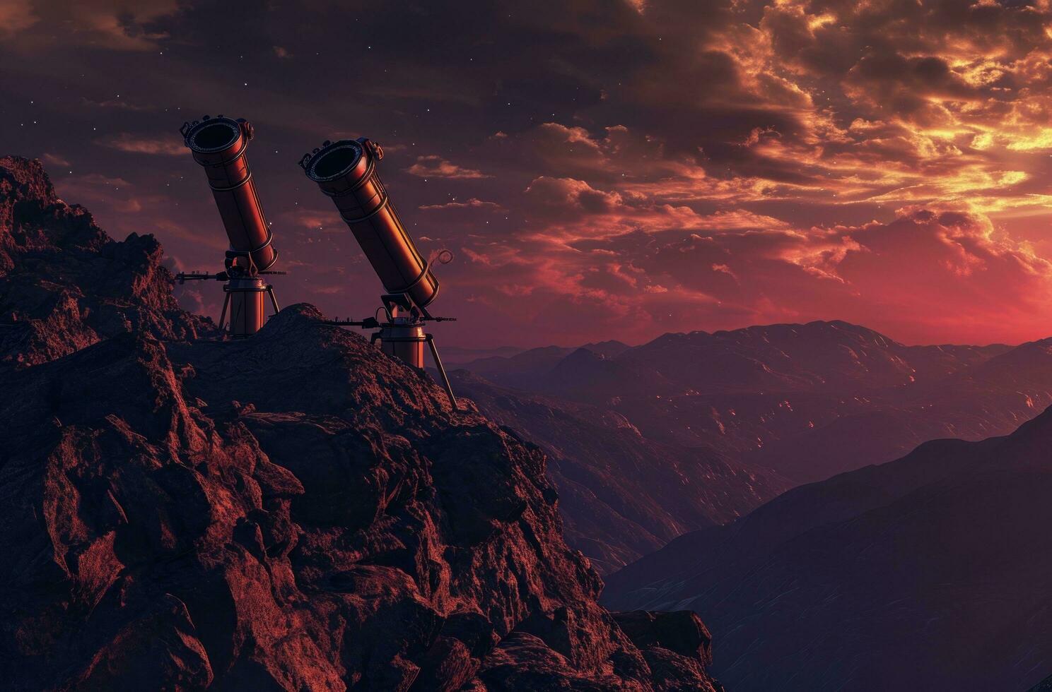ai genererad två teleskop på en berg i en mörk himmel foto