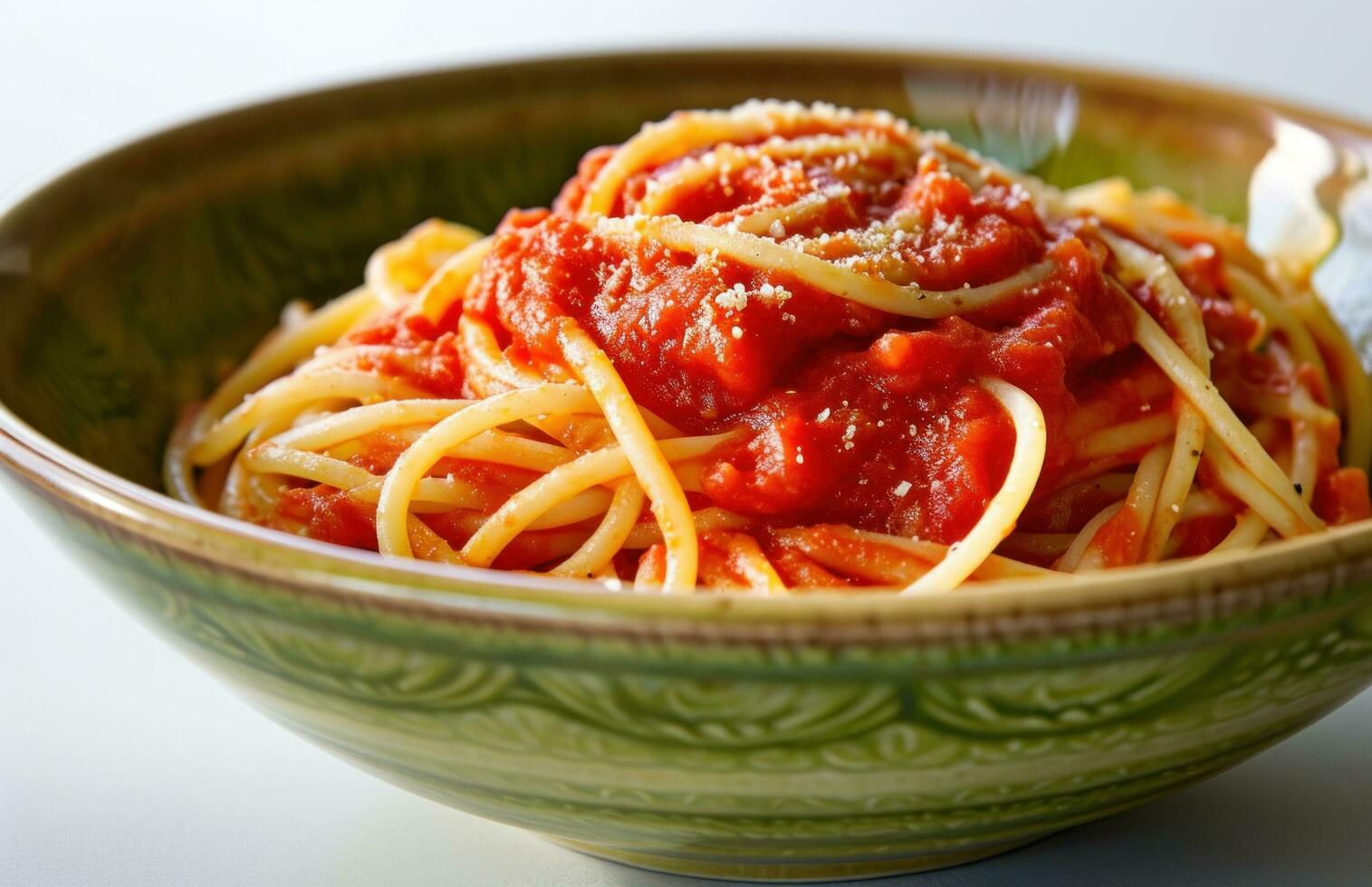 ai genererad tomat klistra på spaghetti i grön keramisk skål i vit foto