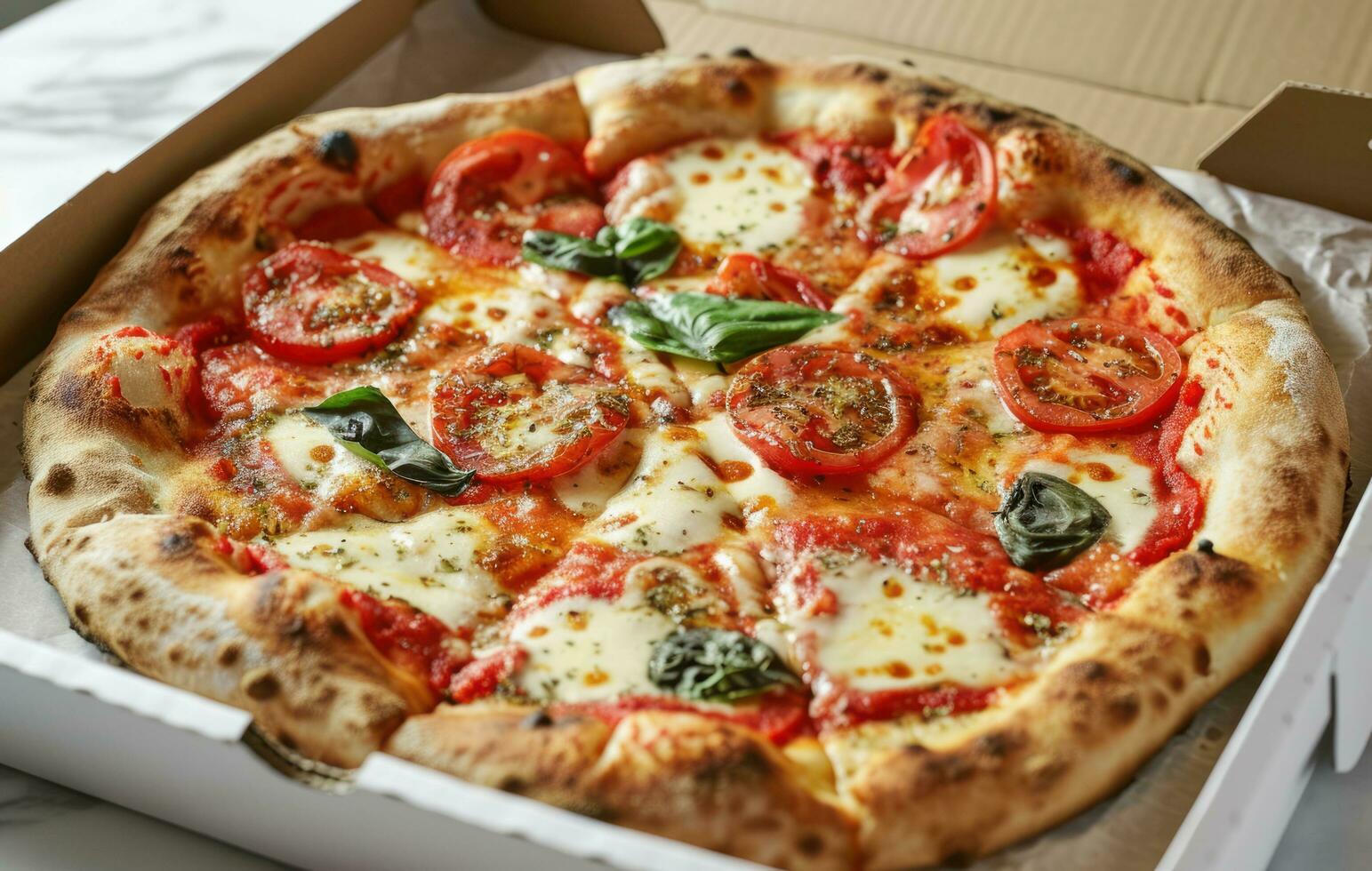 ai genererad tomat och ost pizza på en vit pizza låda foto
