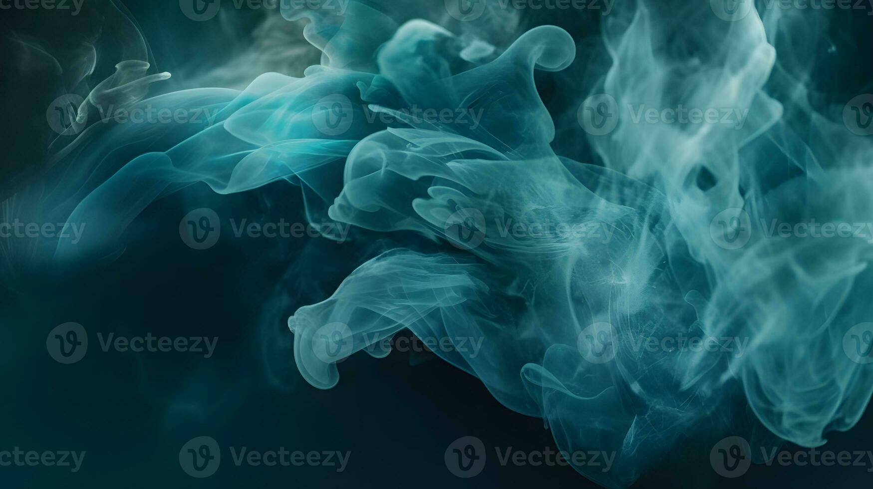 ai genererad moln av rök på svart bakgrund. en blå rök virvlar i de luft mot en svart bakgrund. foto