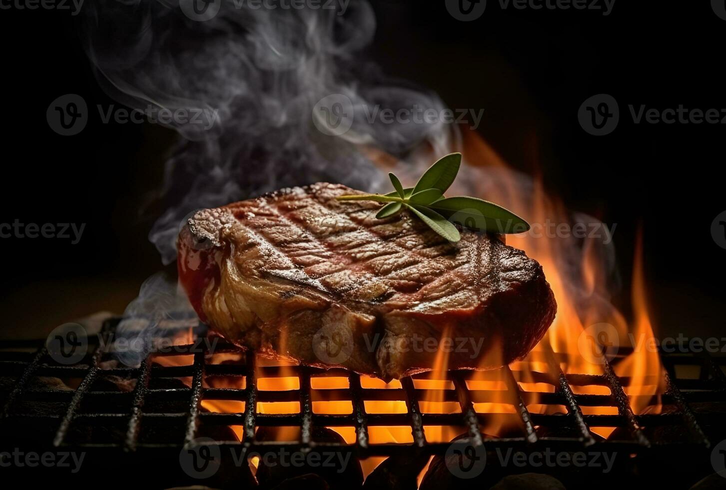 ai genererad utegrill torr åldrig wagyu portvakt nötkött biff grillad som närbild på en träkol grill med brand och rök foto