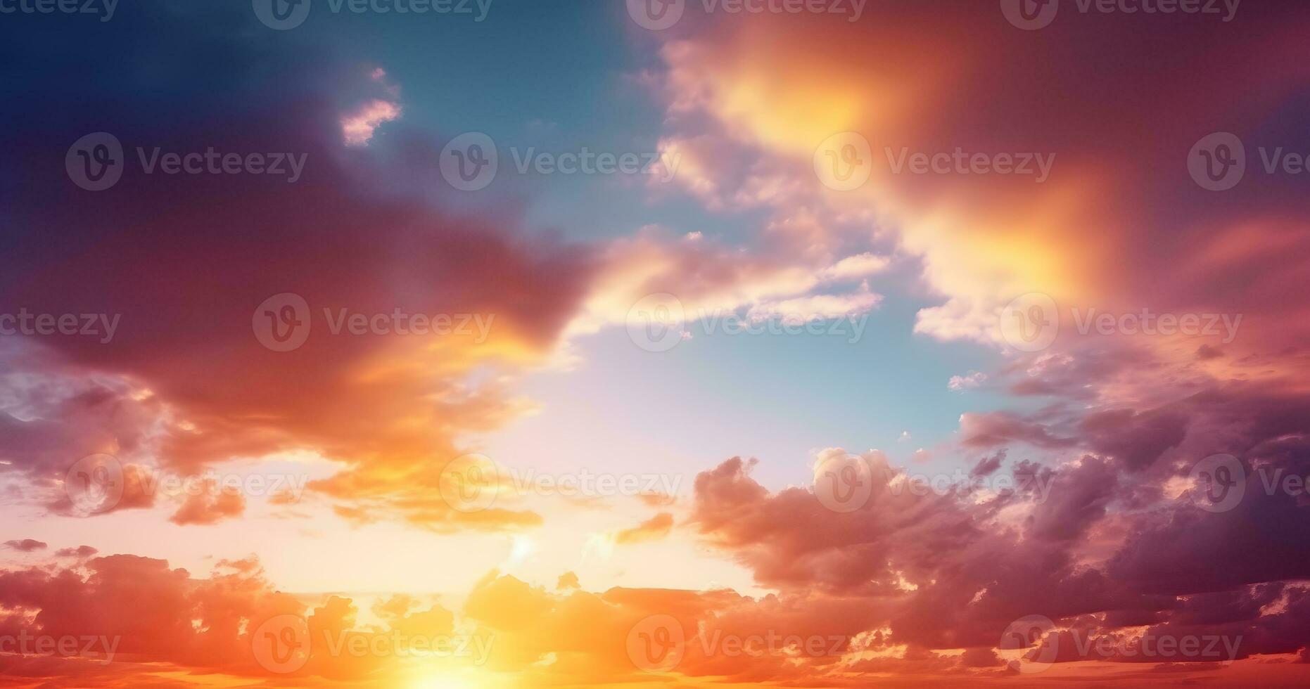 ai genererad skön solnedgång över hav med reflexion i vatten, färgrik moln i de himmel foto